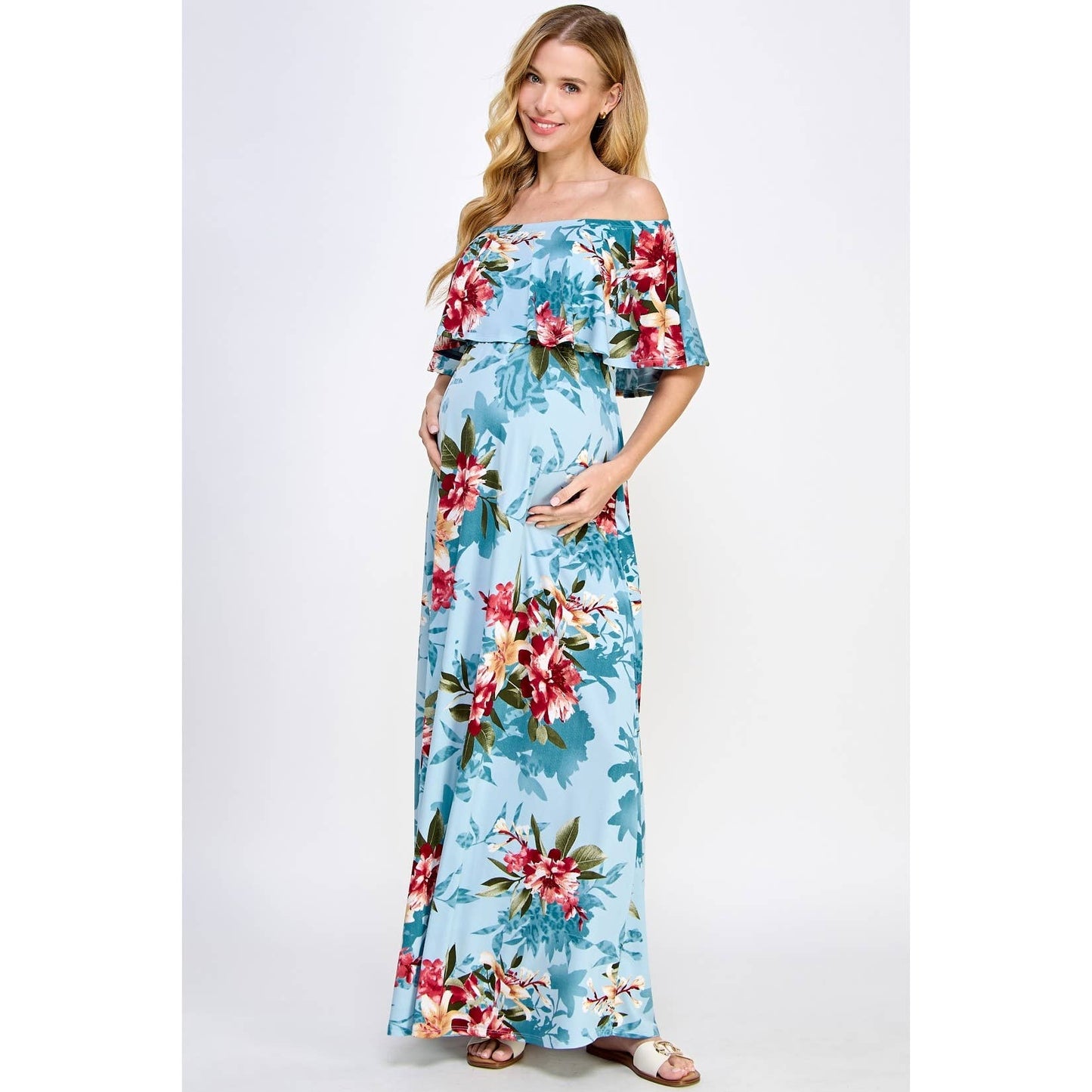 Ruffle Off Shoulder Maxi Maternity Dress