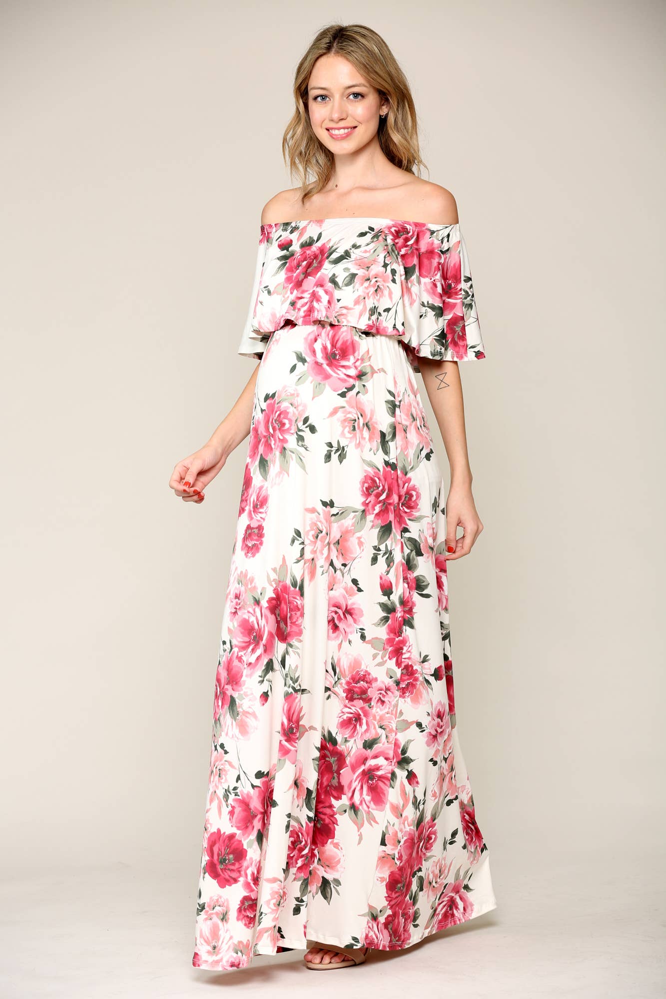 Pink Floral Off The Shoulder Maternity Maxi Dress