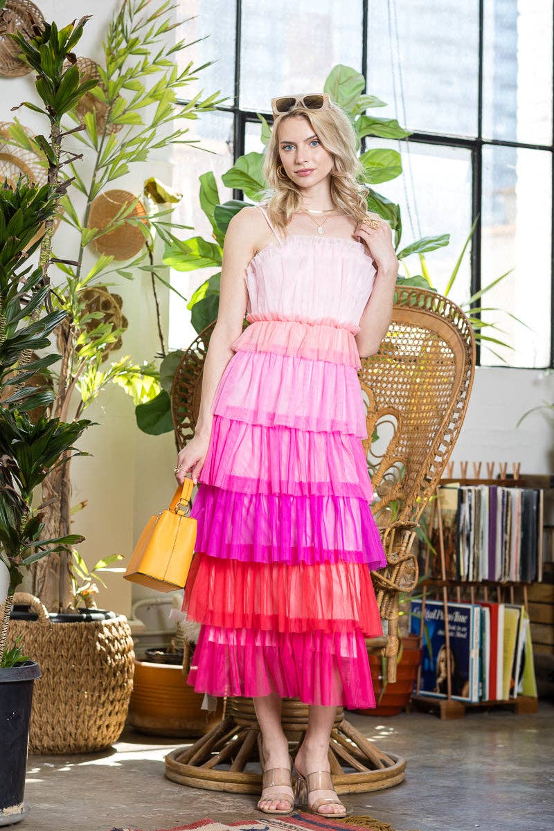 Pink Multi Tulle Midi Dress