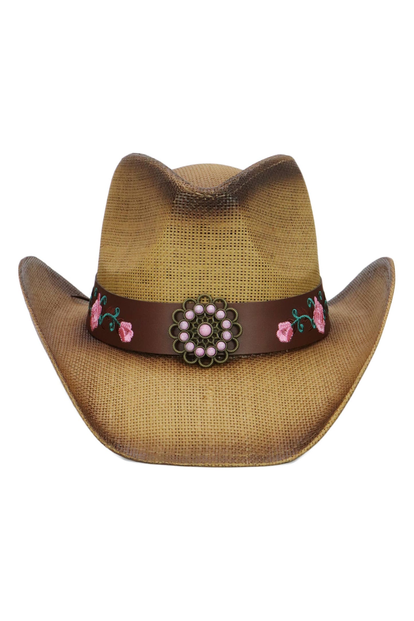 Pink Rose Concho Belt Ombre Straw Cowboy Hat