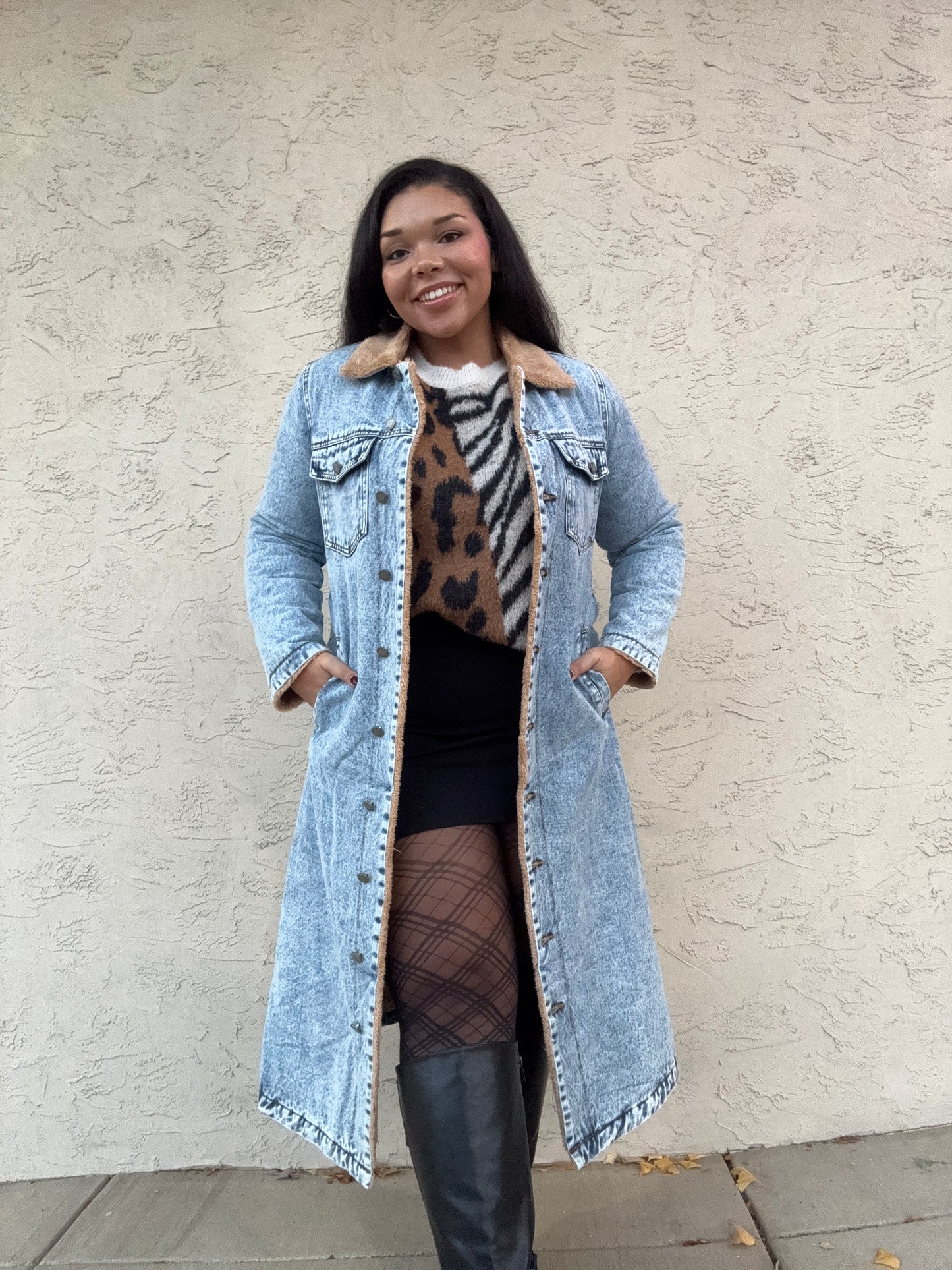 Teddy Lined Long Denim Jacket