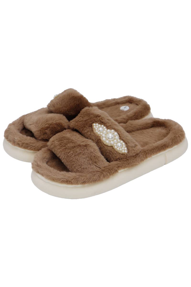 Faux Pearl Decor Double Strap Fluffy Fur Cloud Slides
