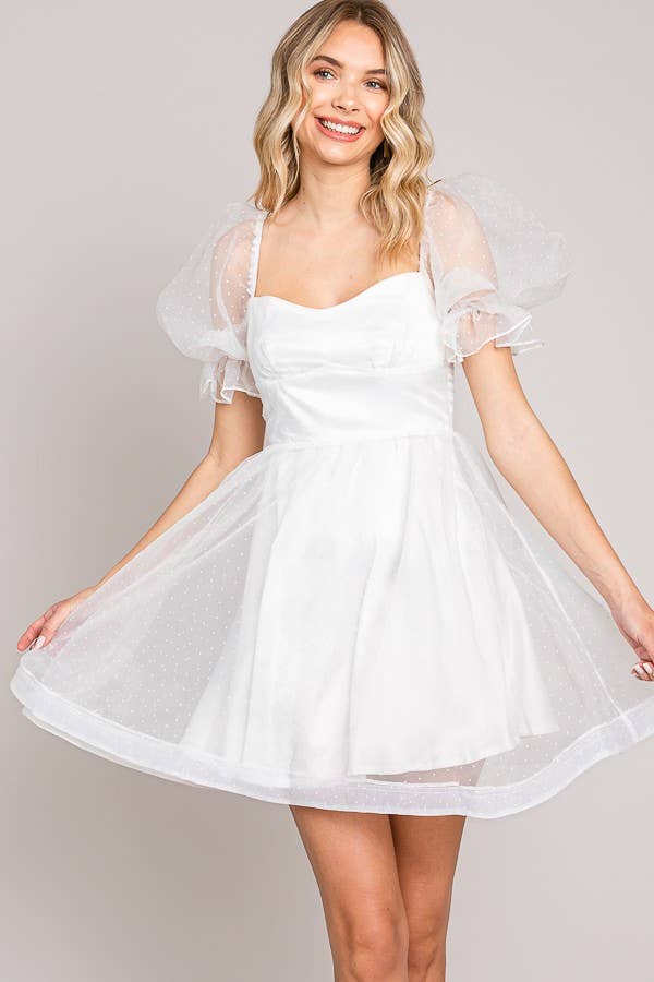 FSD801821-STK - On or Off Shoulder Sheer Sleeve Mini Dress
