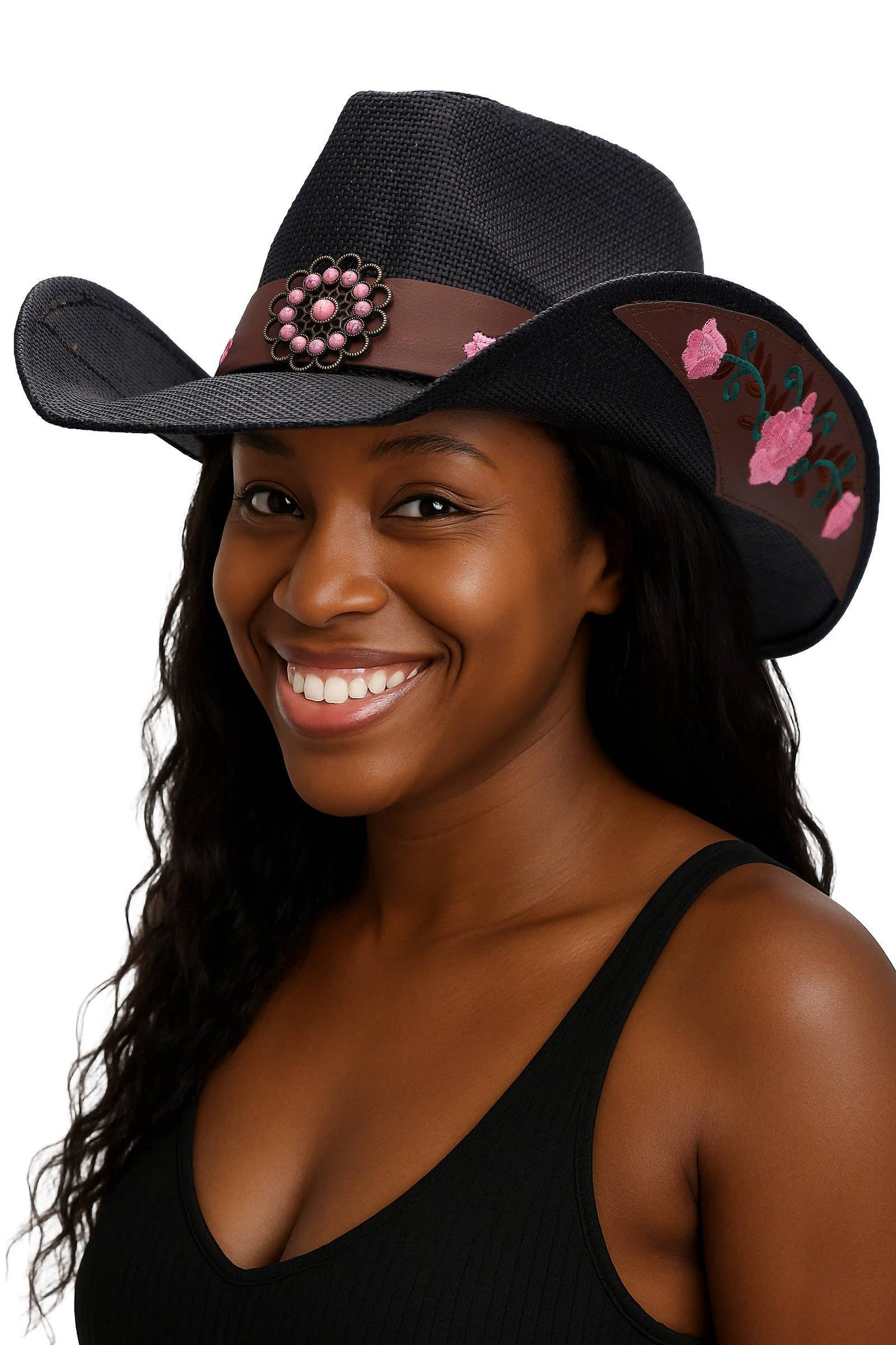 Pink Rose Concho Belt Embroidered Cowgirl Hat