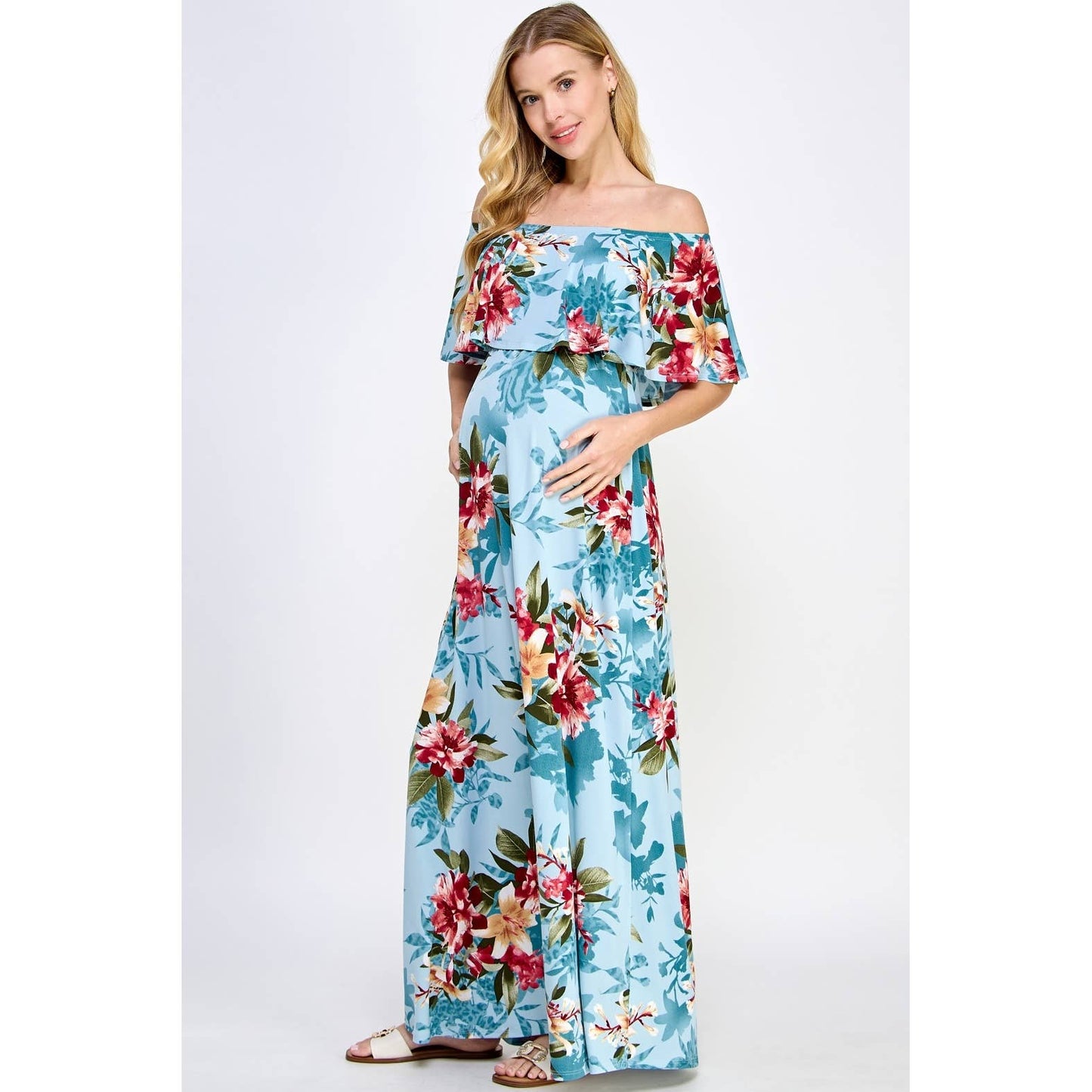 Ruffle Off Shoulder Maxi Maternity Dress