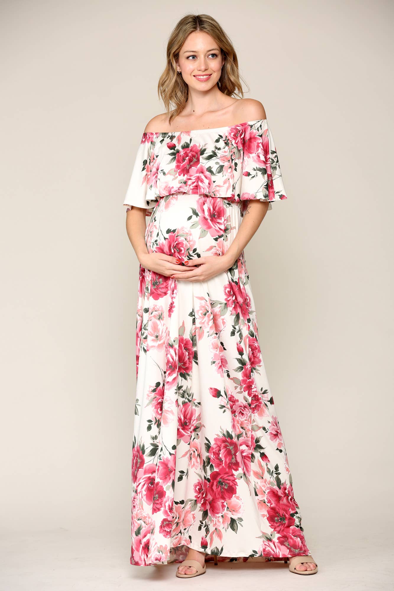 Pink Floral Off The Shoulder Maternity Maxi Dress