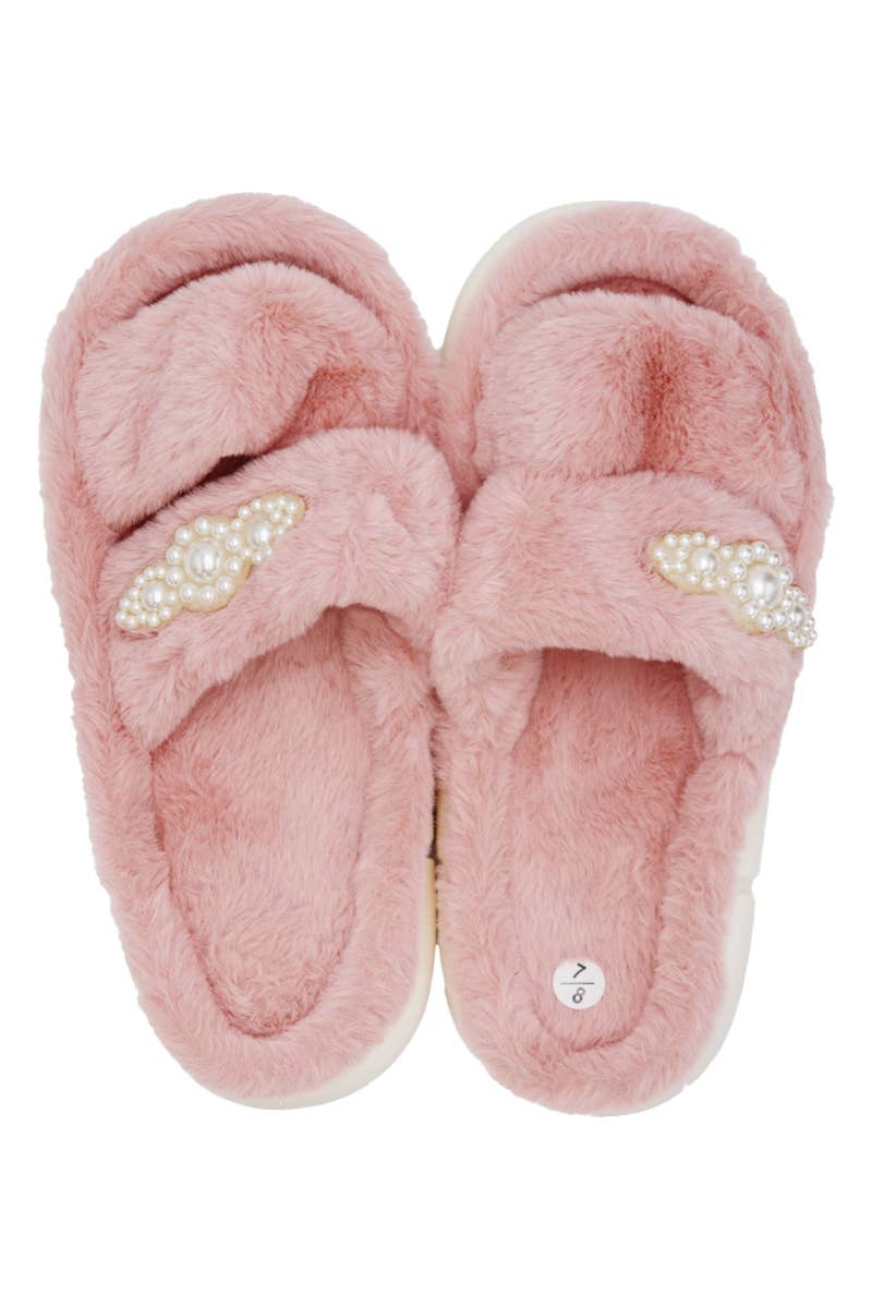 Faux Pearl Decor Double Strap Fluffy Fur Cloud Slides