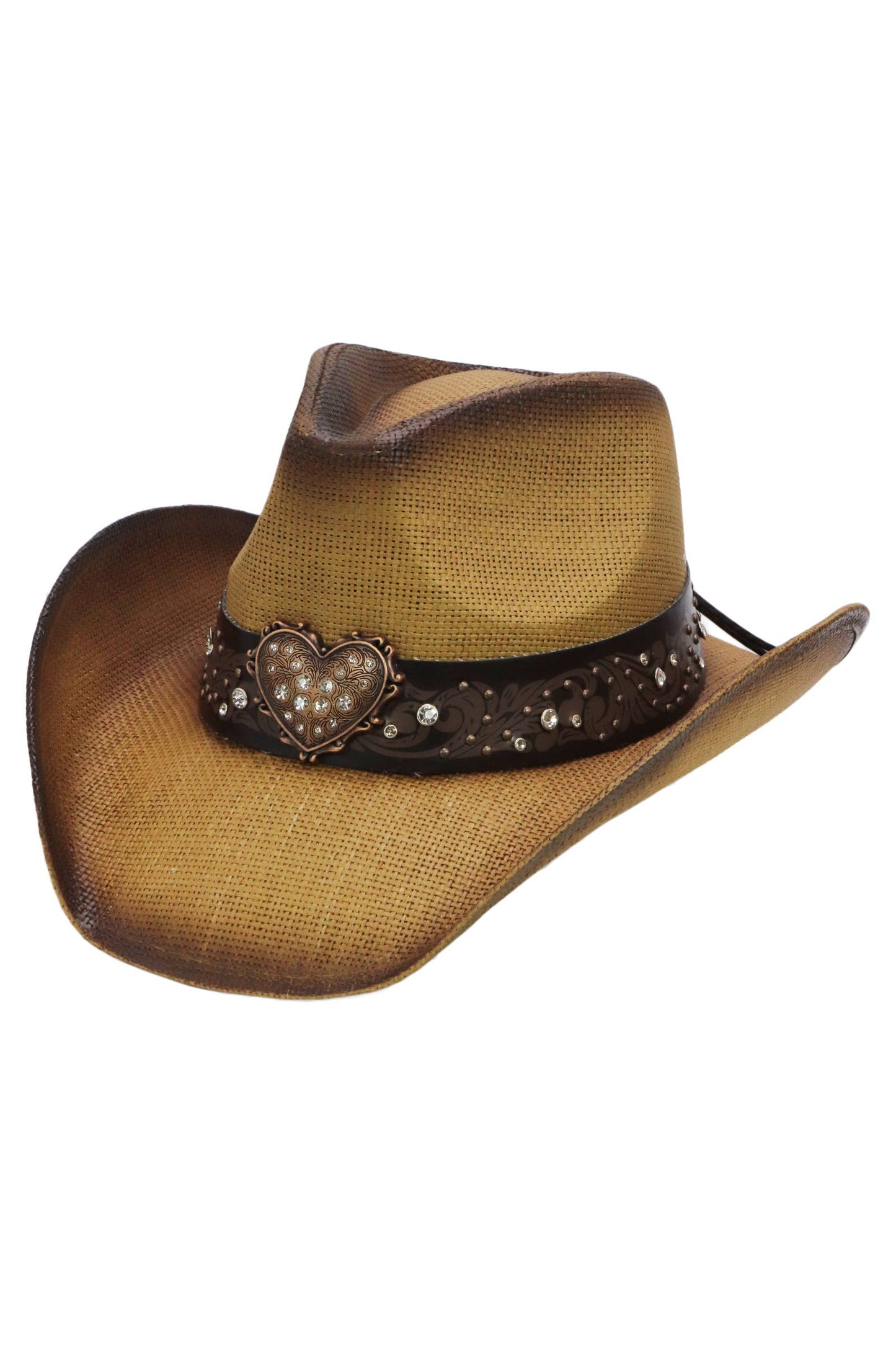 Heart Bling Rhinestone Belt Ombre Straw Cowboy Hat