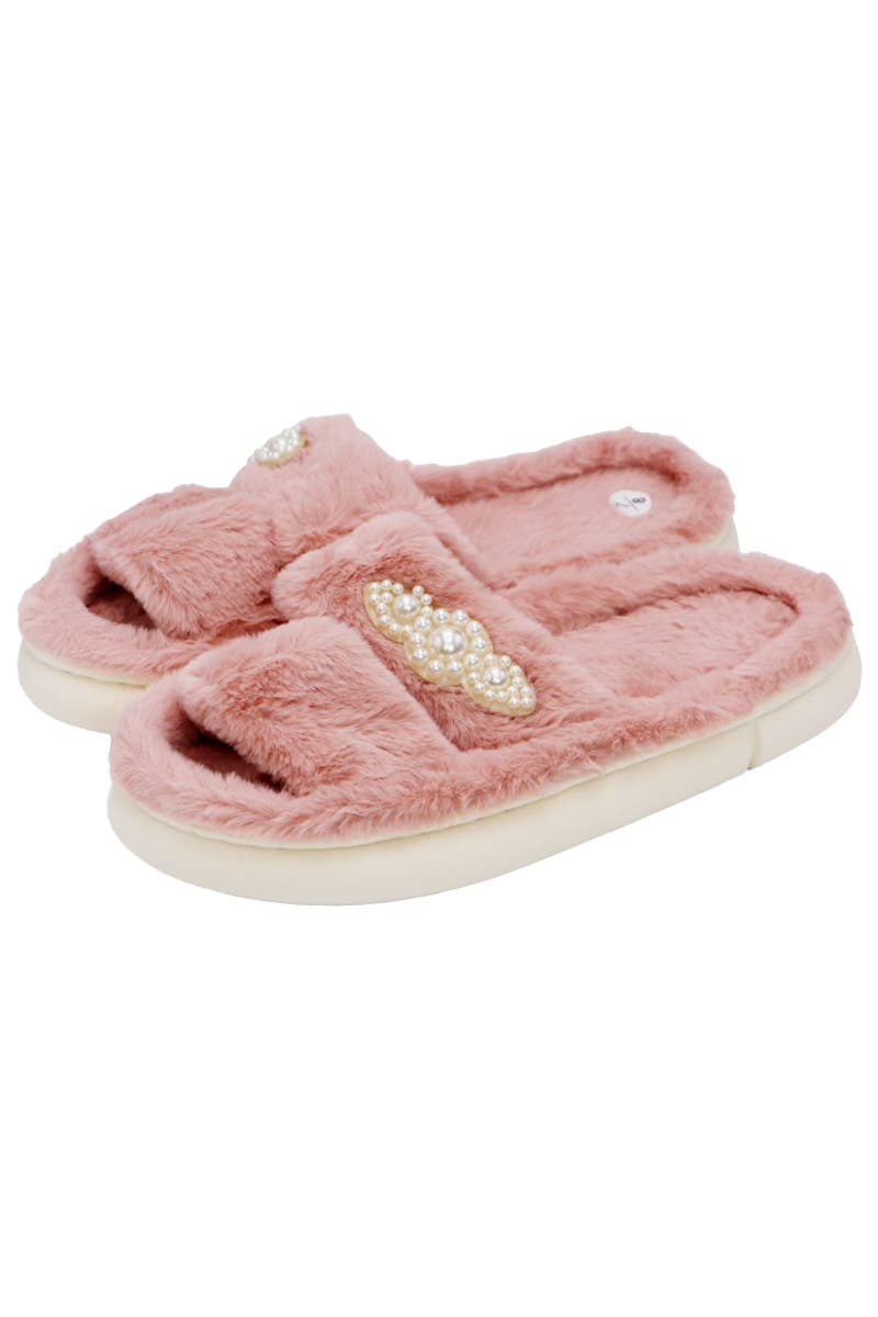 Faux Pearl Decor Double Strap Fluffy Fur Cloud Slides