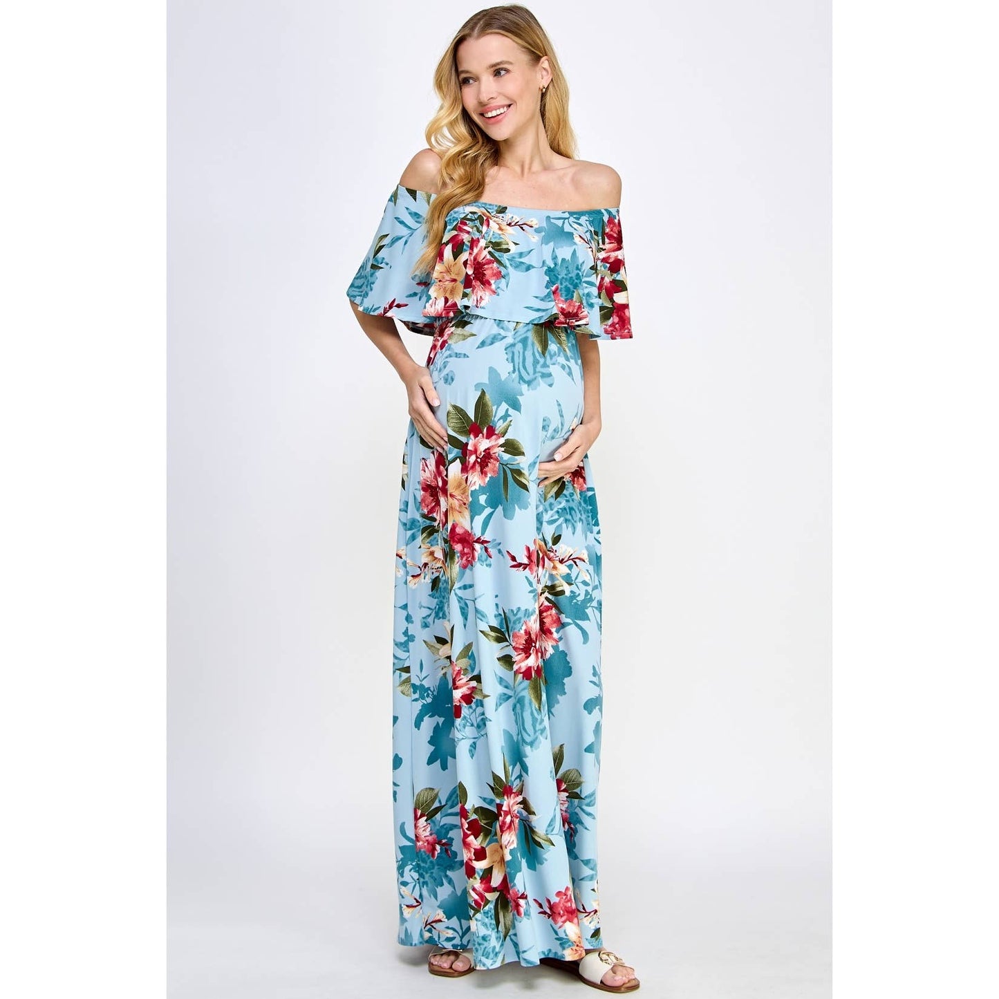 Ruffle Off Shoulder Maxi Maternity Dress