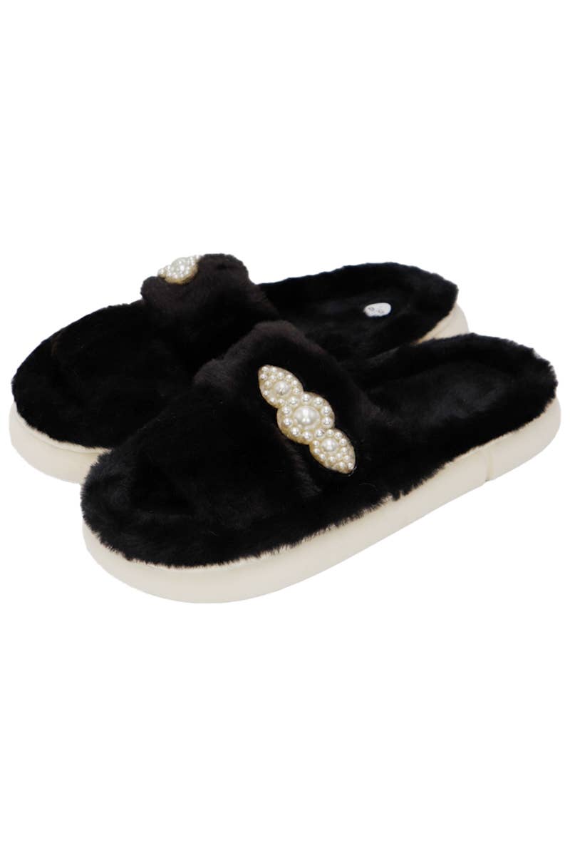 Faux Pearl Decor Double Strap Fluffy Fur Cloud Slides