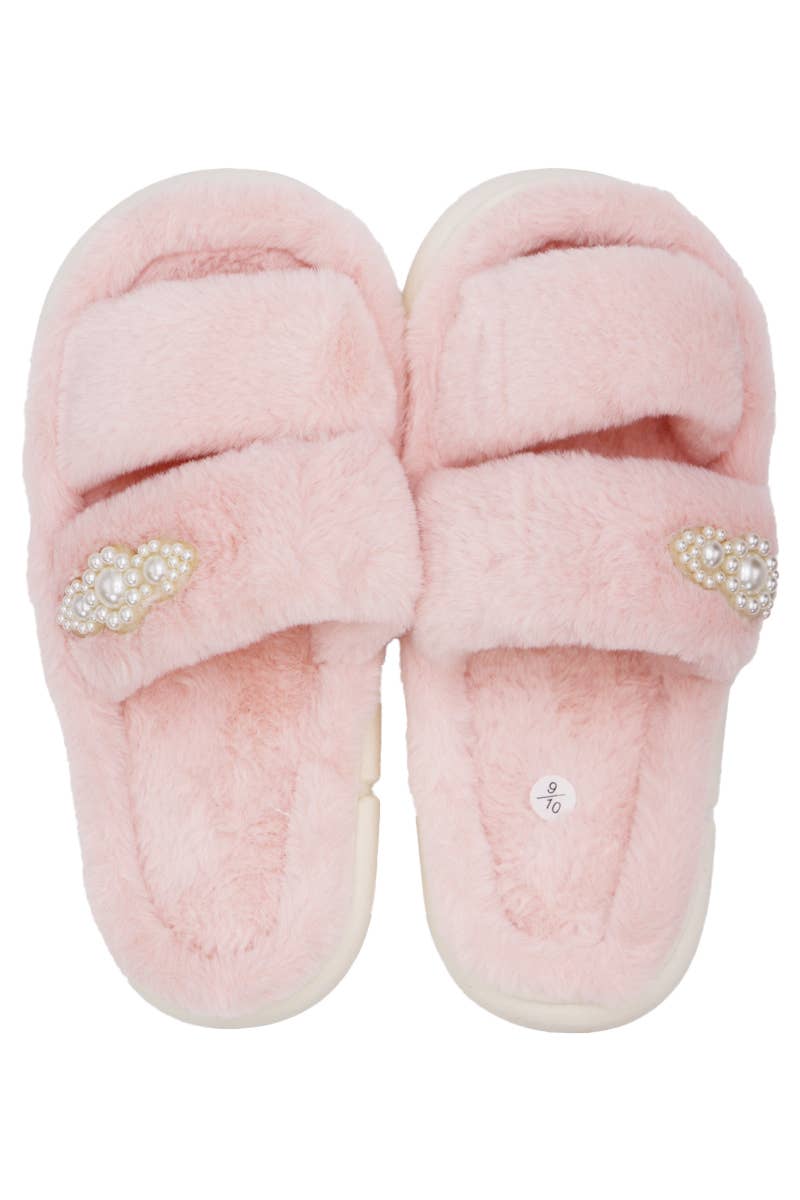 Faux Pearl Decor Double Strap Fluffy Fur Cloud Slides