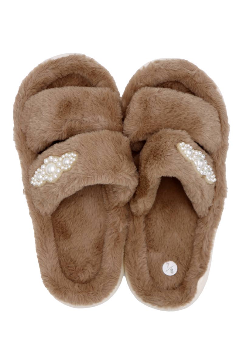 Faux Pearl Decor Double Strap Fluffy Fur Cloud Slides