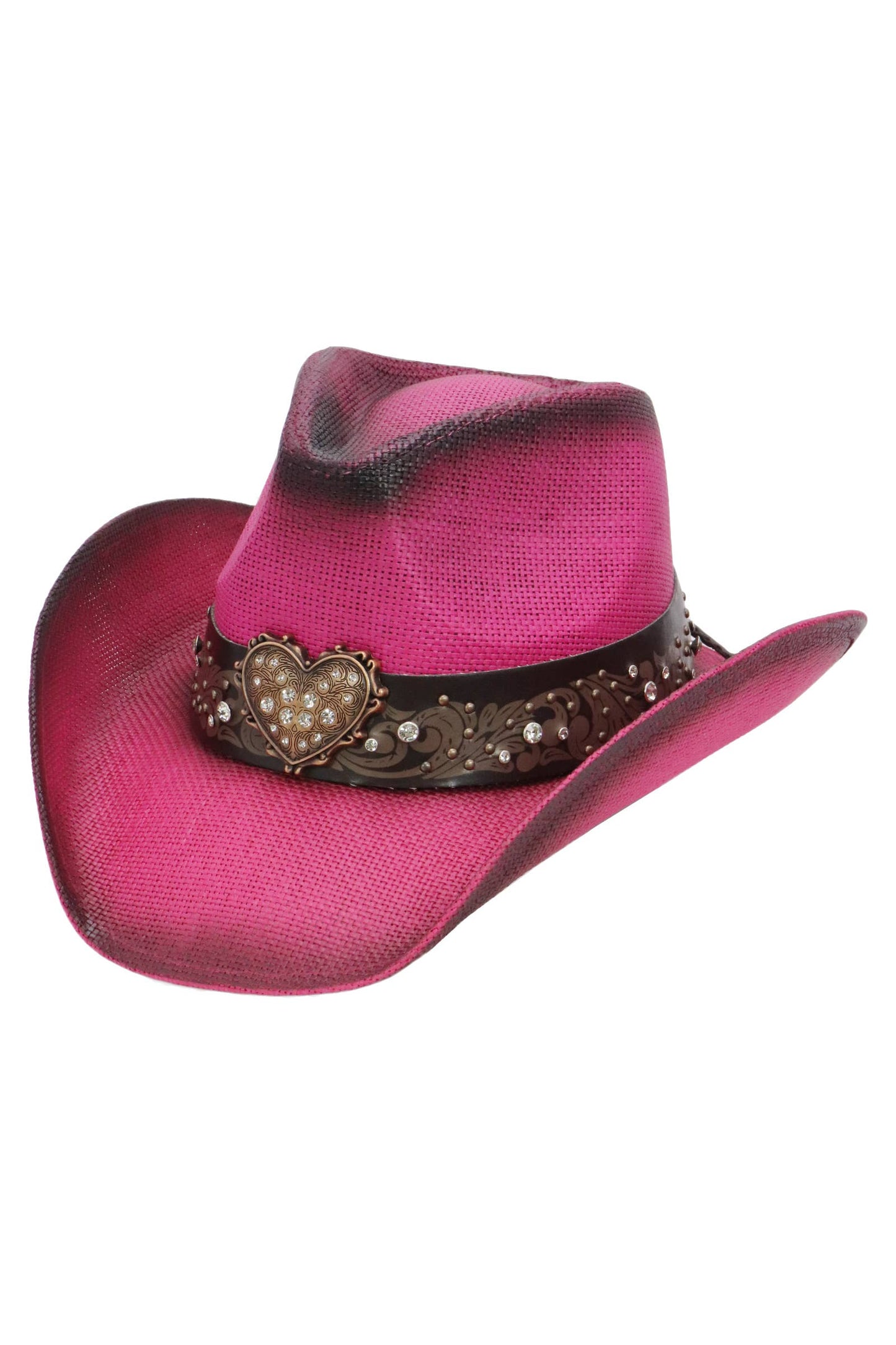 Heart Bling Rhinestone Belt Ombre Straw Cowboy Hat