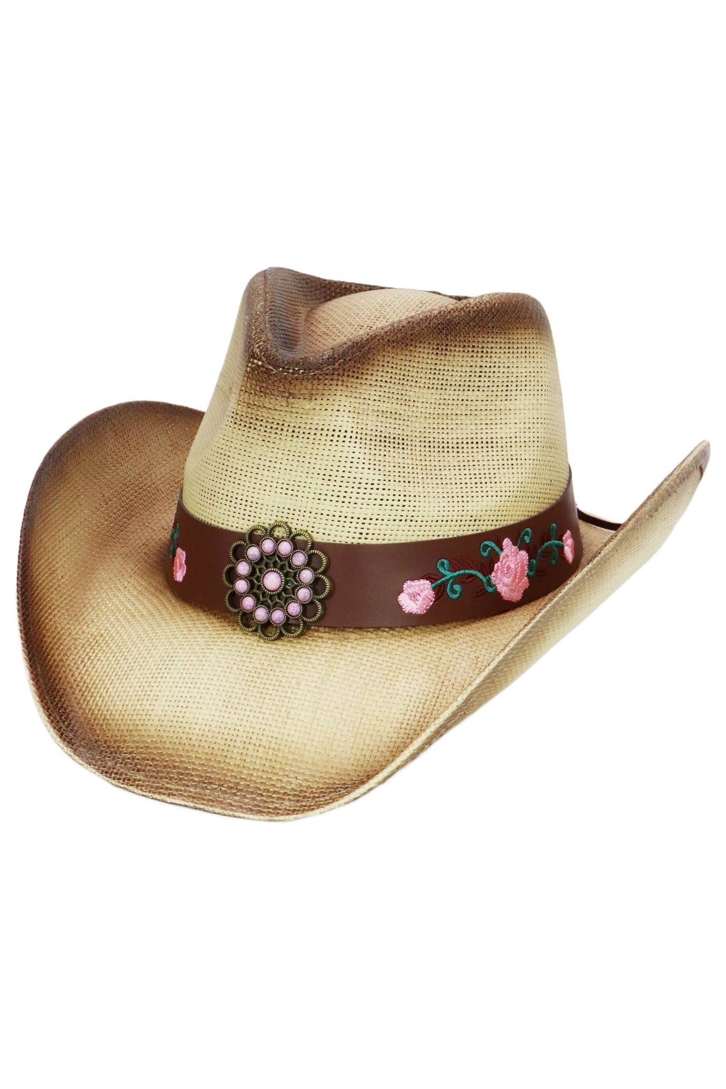 Pink Rose Concho Belt Ombre Straw Cowboy Hat