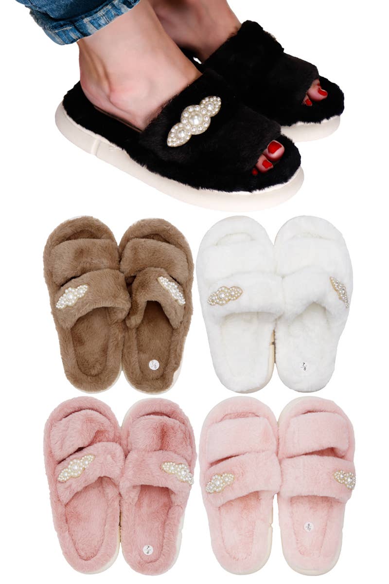 Faux Pearl Decor Double Strap Fluffy Fur Cloud Slides