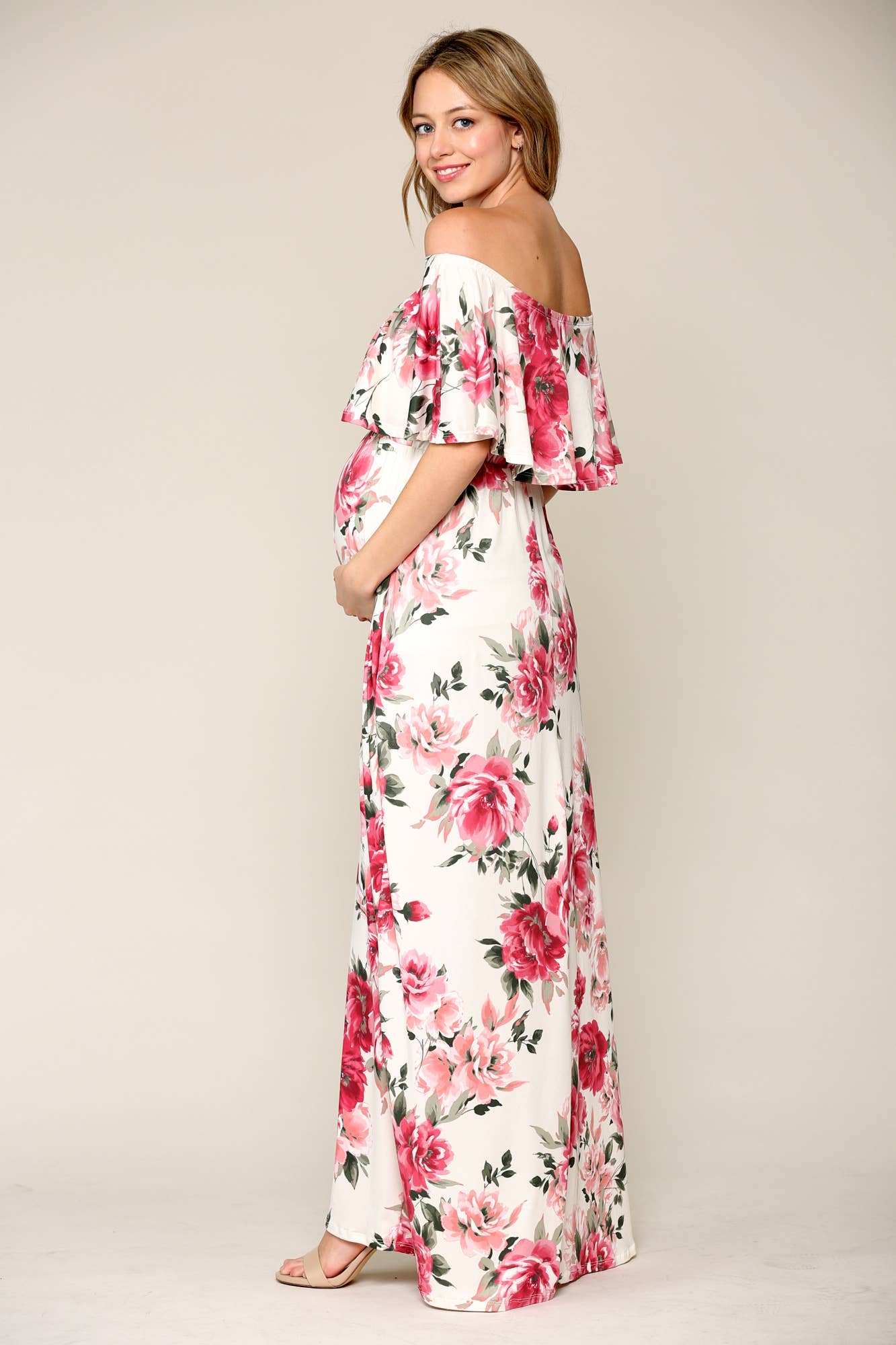 Pink Floral Off The Shoulder Maternity Maxi Dress