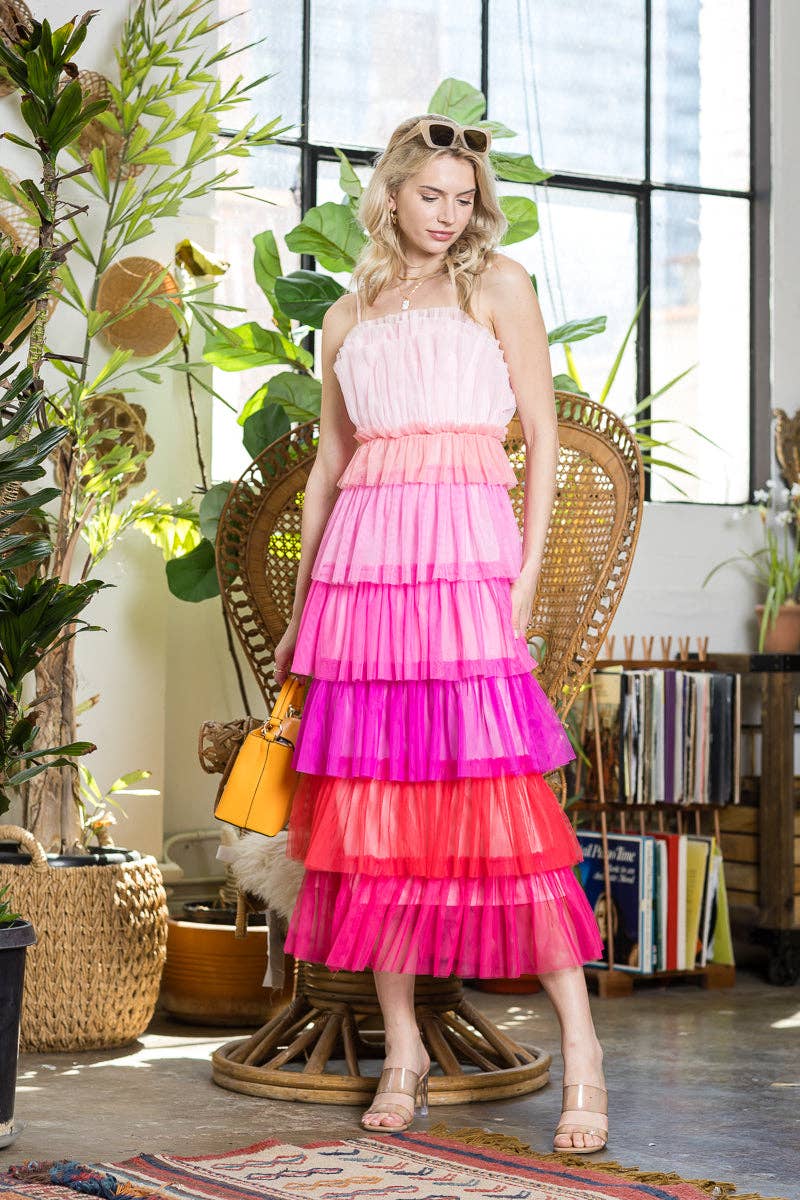 Pink Multi Tulle Midi Dress