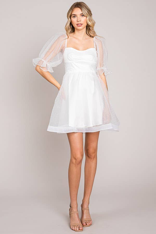 FSD801821-STK - On or Off Shoulder Sheer Sleeve Mini Dress