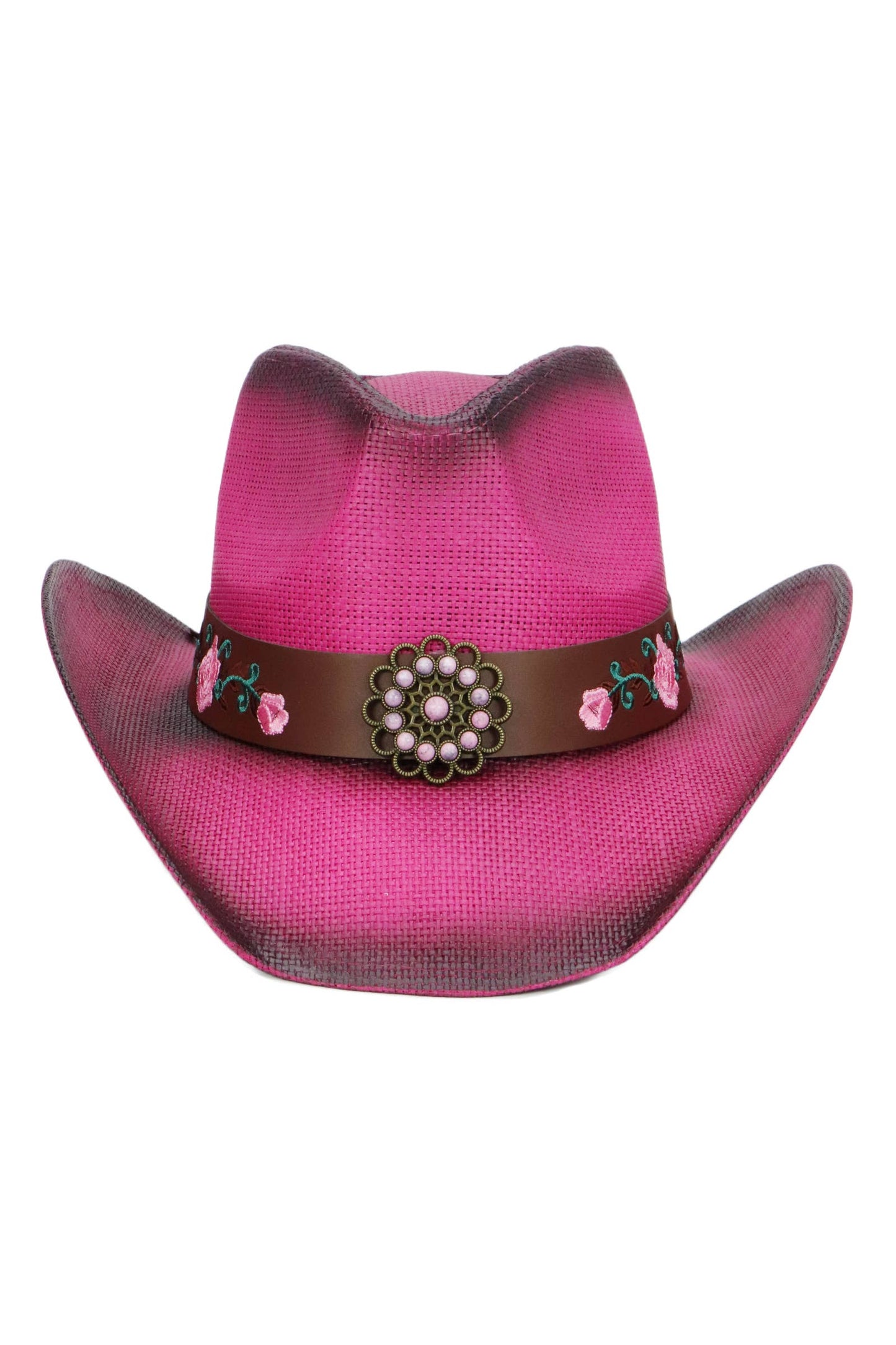 Pink Rose Concho Belt Ombre Straw Cowboy Hat
