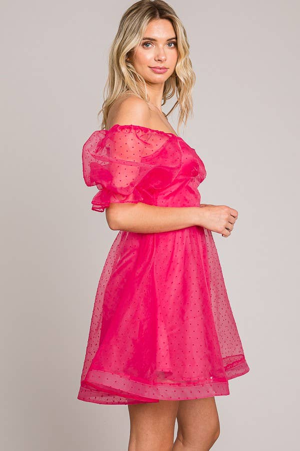 FSD801821-STK - On or Off Shoulder Sheer Sleeve Mini Dress