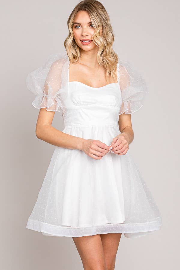 FSD801821-STK - On or Off Shoulder Sheer Sleeve Mini Dress