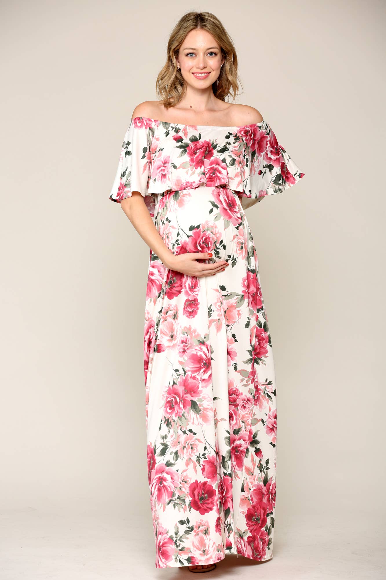 Pink Floral Off The Shoulder Maternity Maxi Dress