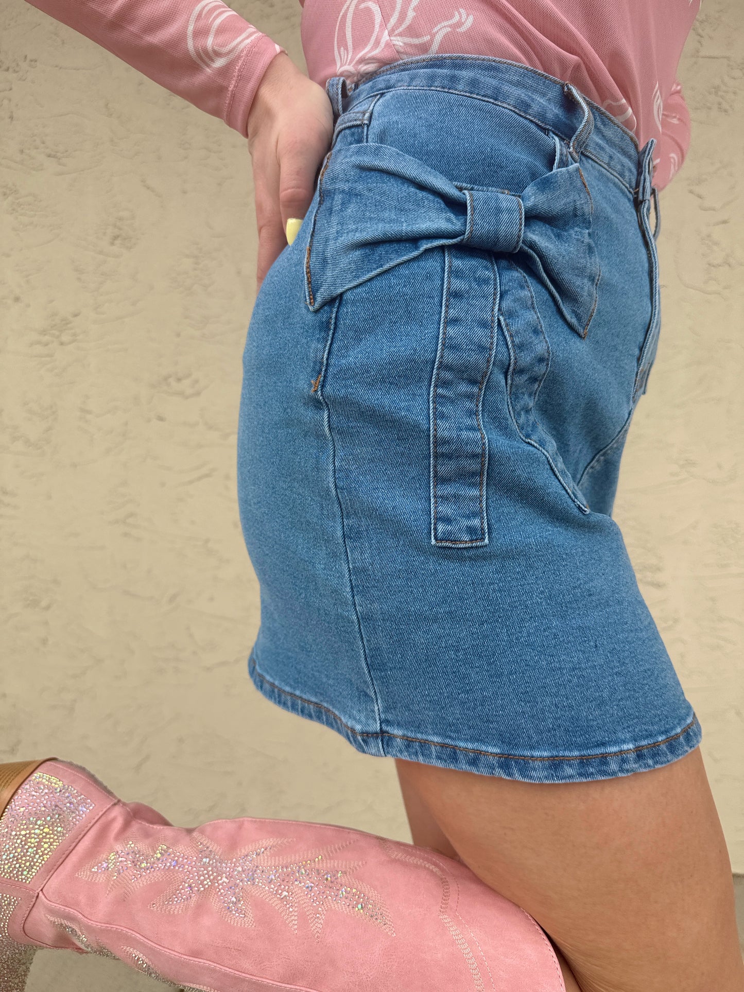 Bowknot Details High Waist Denim Skirt