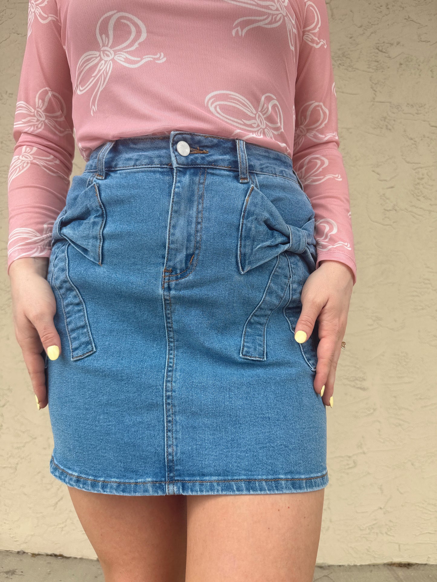 Bowknot Details High Waist Denim Skirt