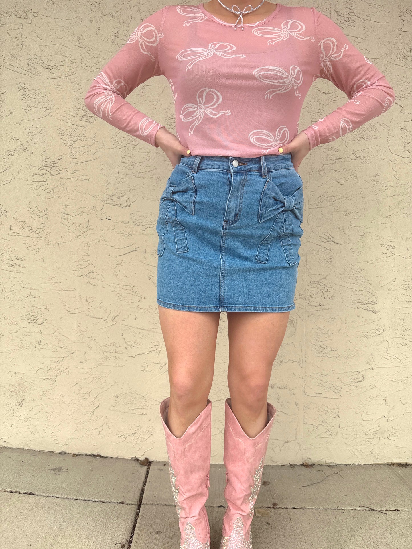 Bowknot Details High Waist Denim Skirt