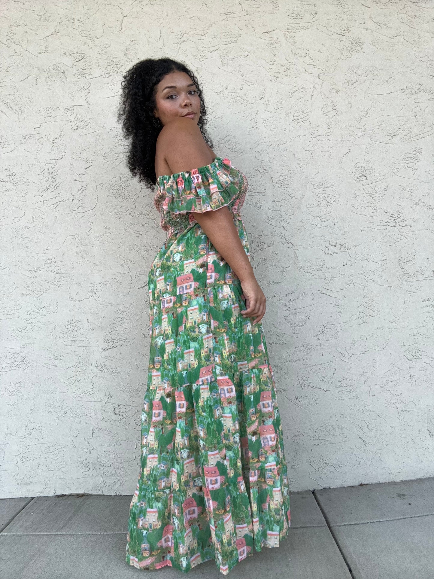 PLUS VILLAGE SMOCKING BODICE RUFFLE MAXI DRESS