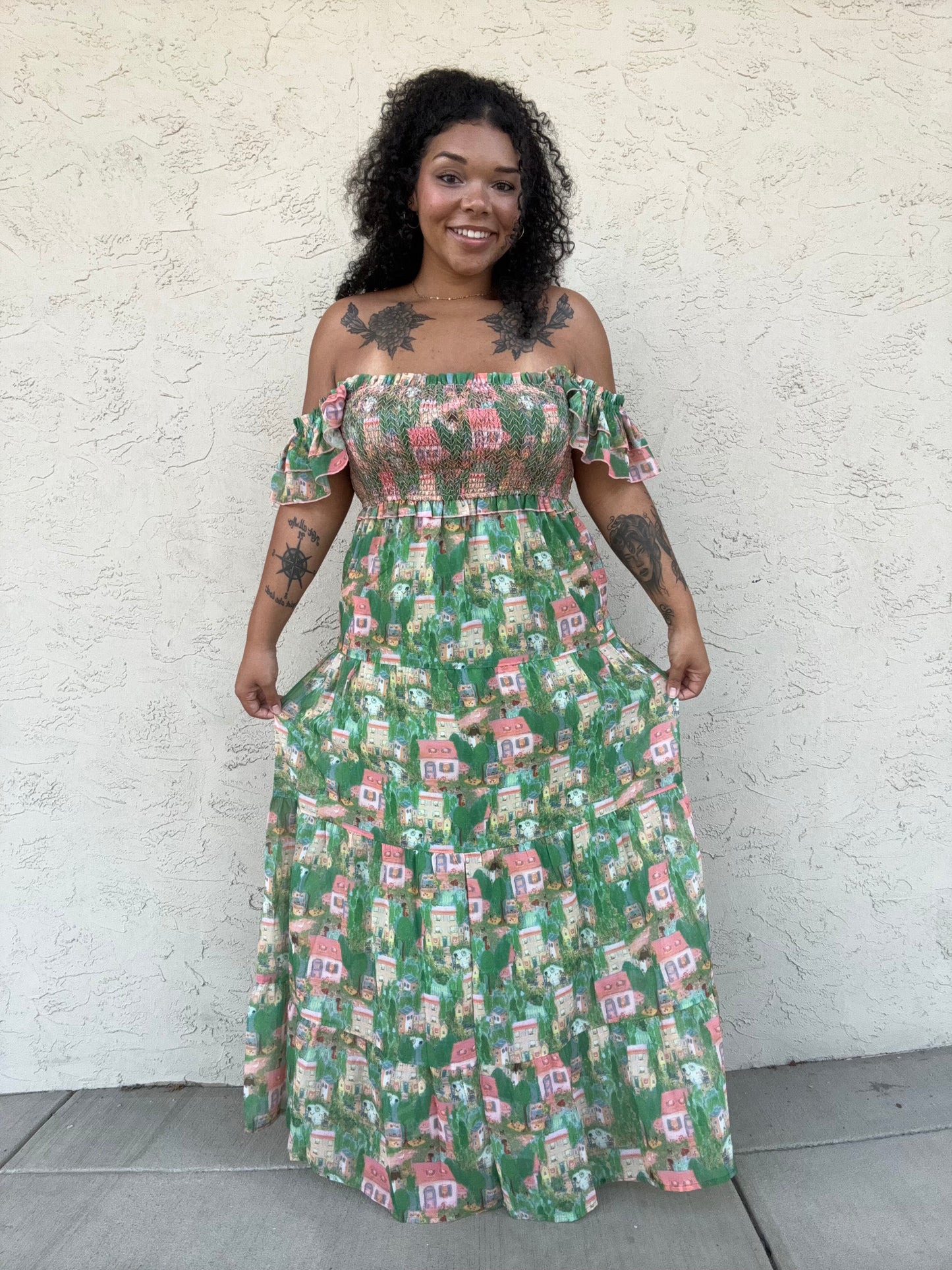 PLUS VILLAGE SMOCKING BODICE RUFFLE MAXI DRESS