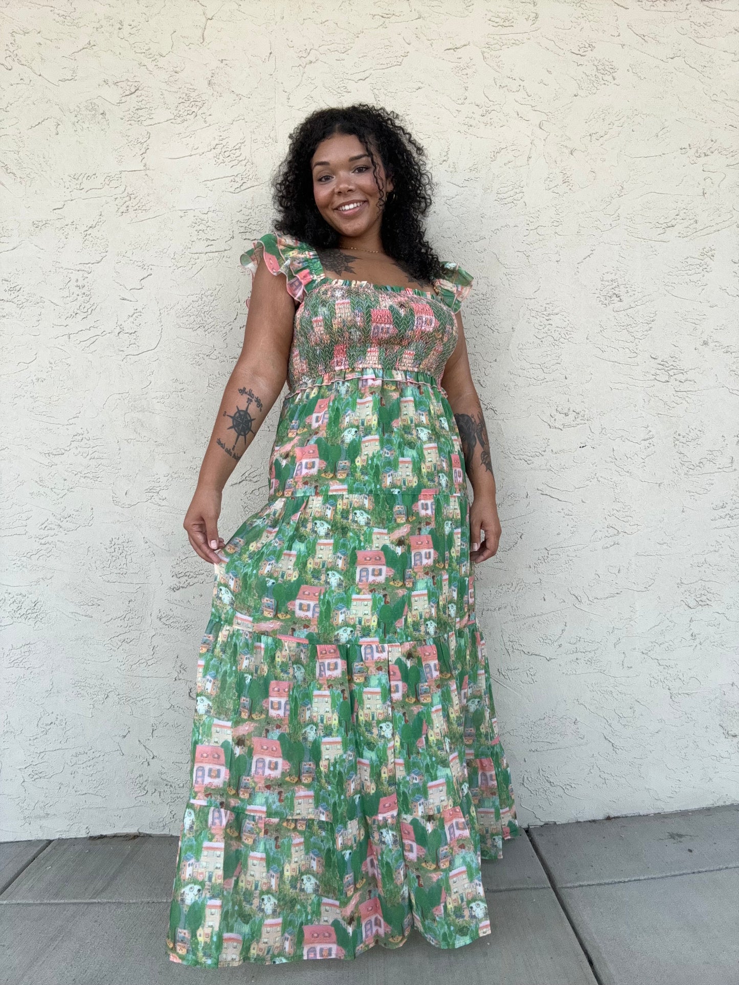 PLUS VILLAGE SMOCKING BODICE RUFFLE MAXI DRESS