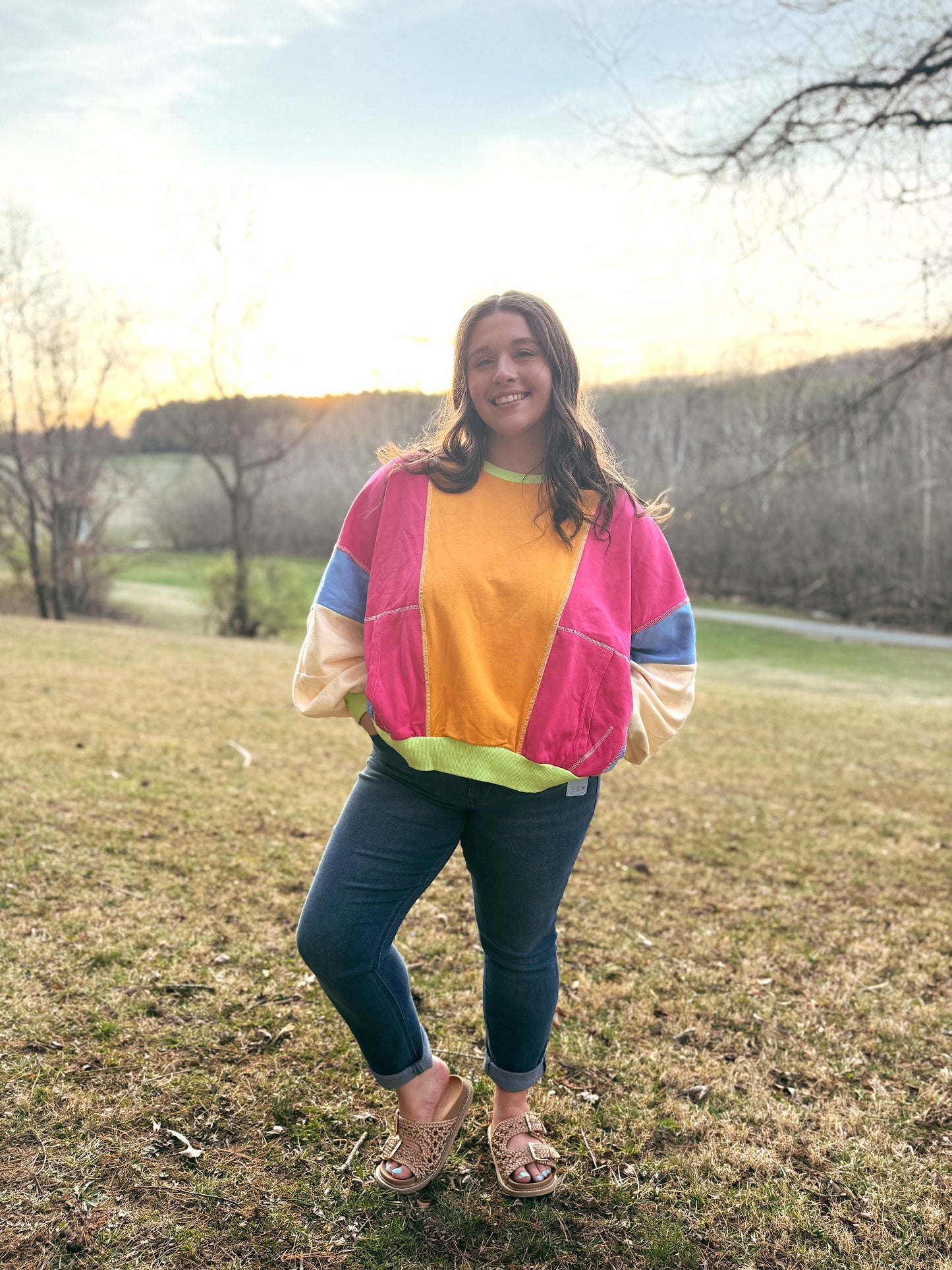 Colorblock Patchwork Exposed Stitching Oversize Top