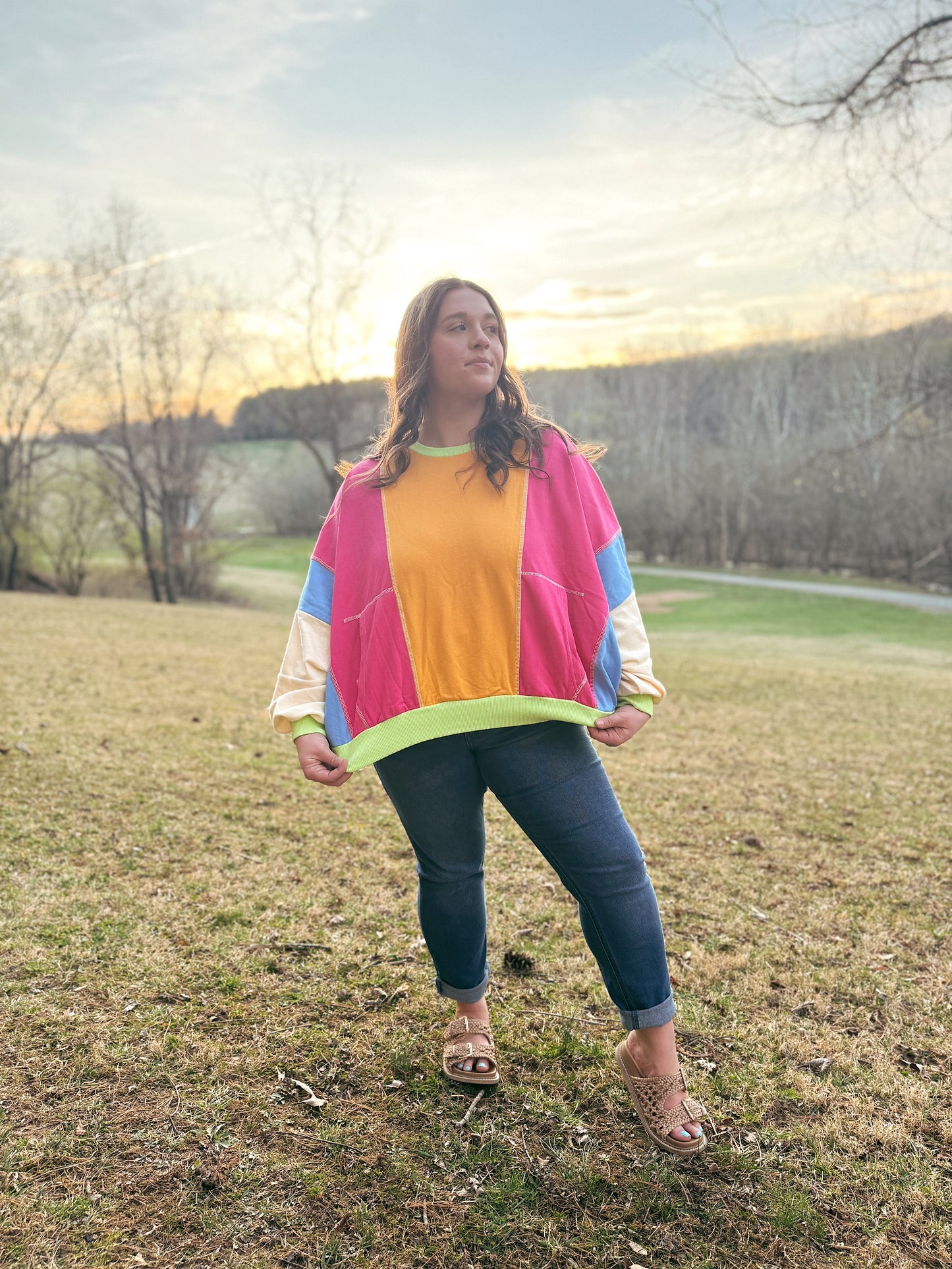 Colorblock Patchwork Exposed Stitching Oversize Top