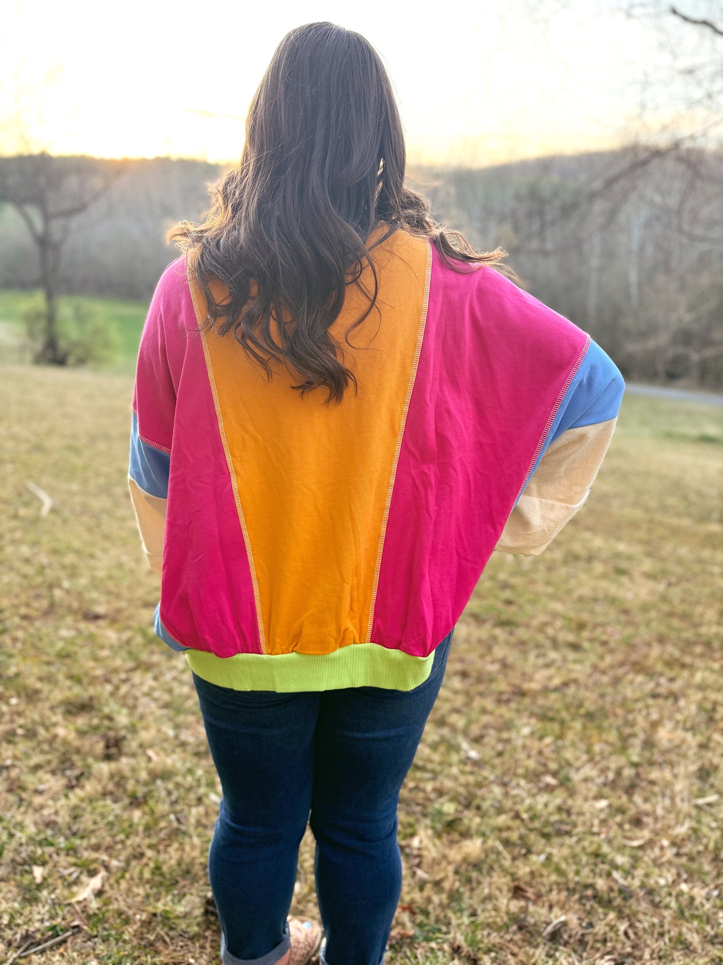 Colorblock Patchwork Exposed Stitching Oversize Top