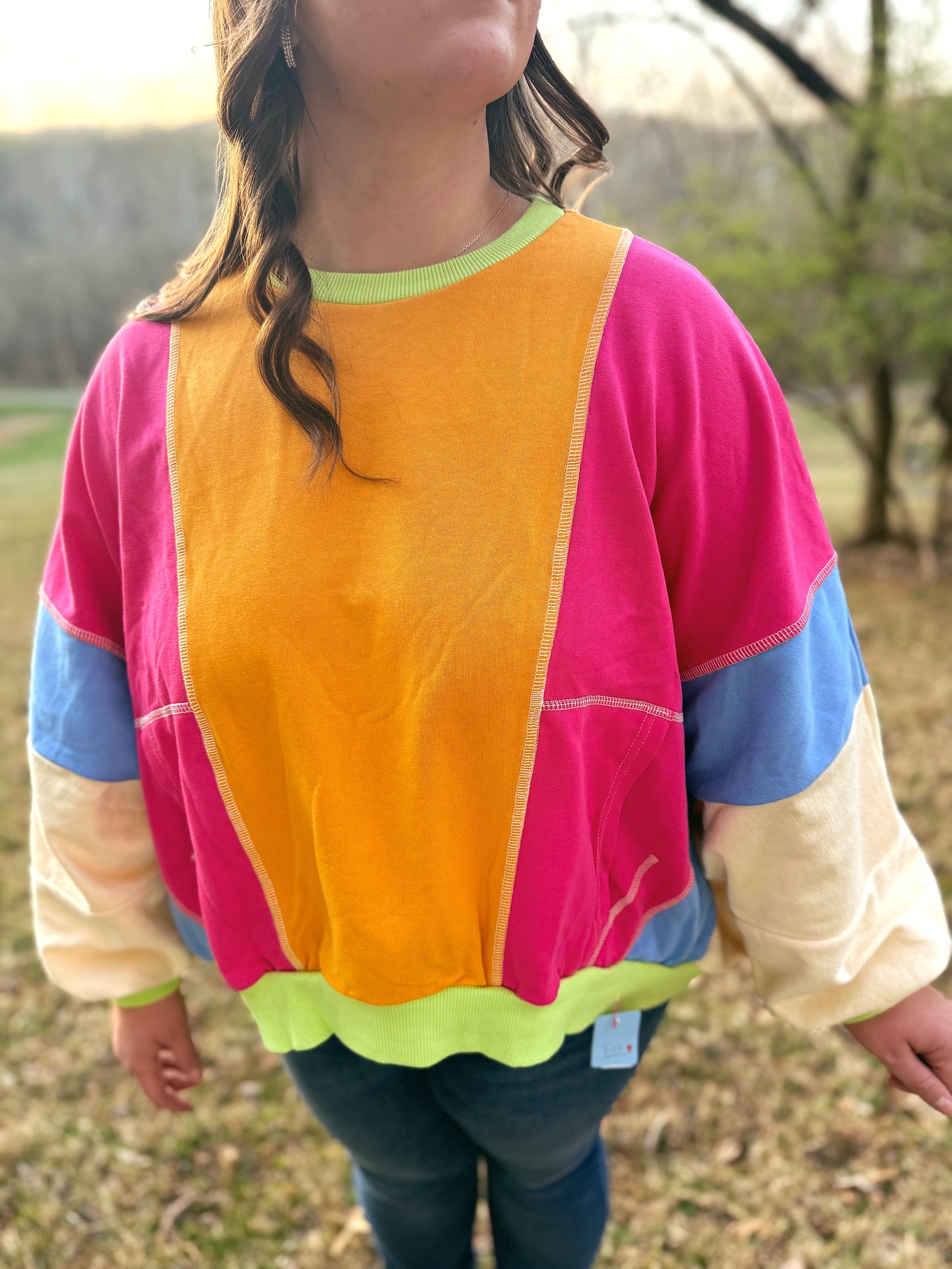 Colorblock Patchwork Exposed Stitching Oversize Top