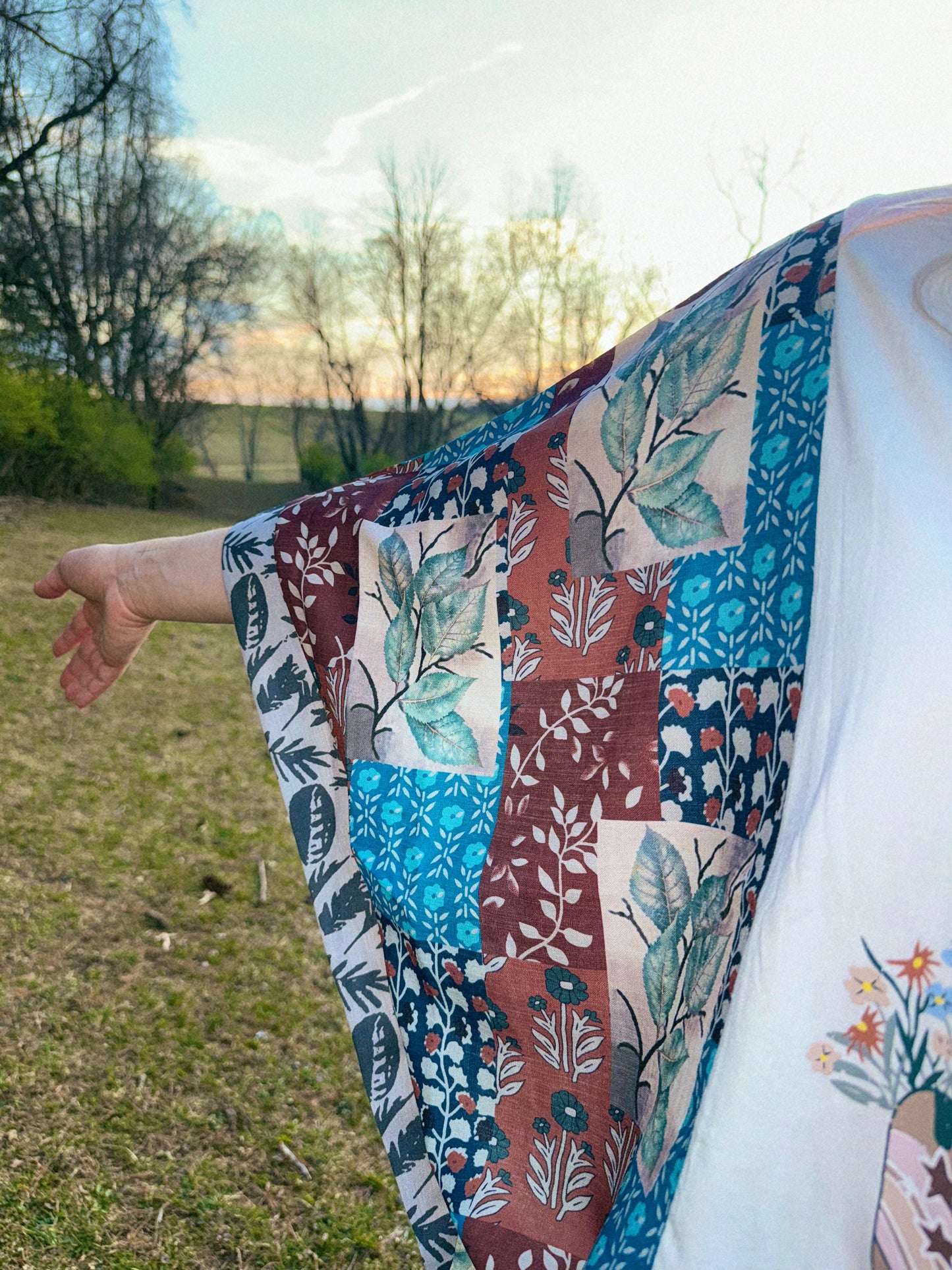 Asymmetric Printed Patchwork Sleeve Peace Desert Graphic Tee