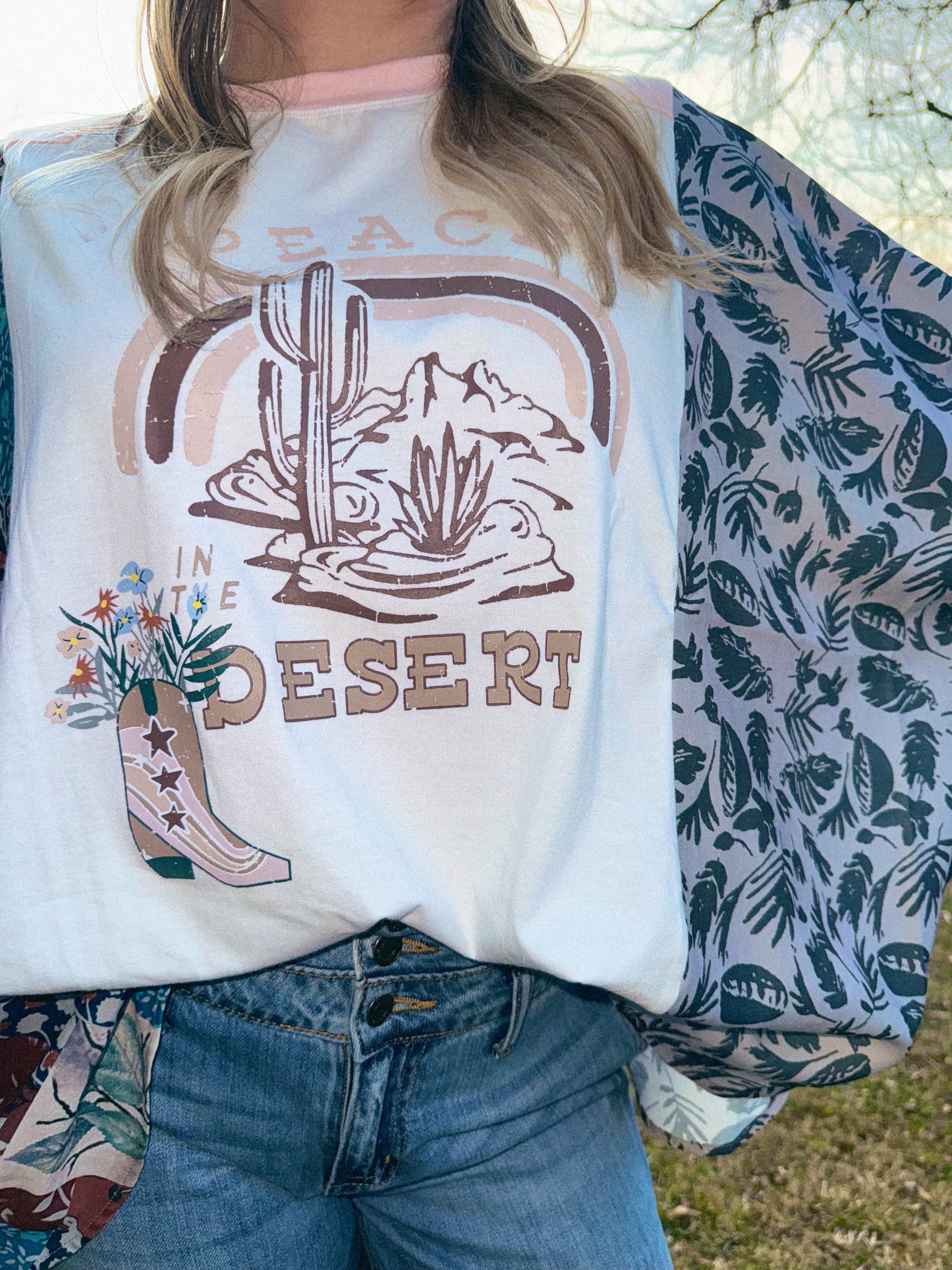 Asymmetric Printed Patchwork Sleeve Peace Desert Graphic Tee
