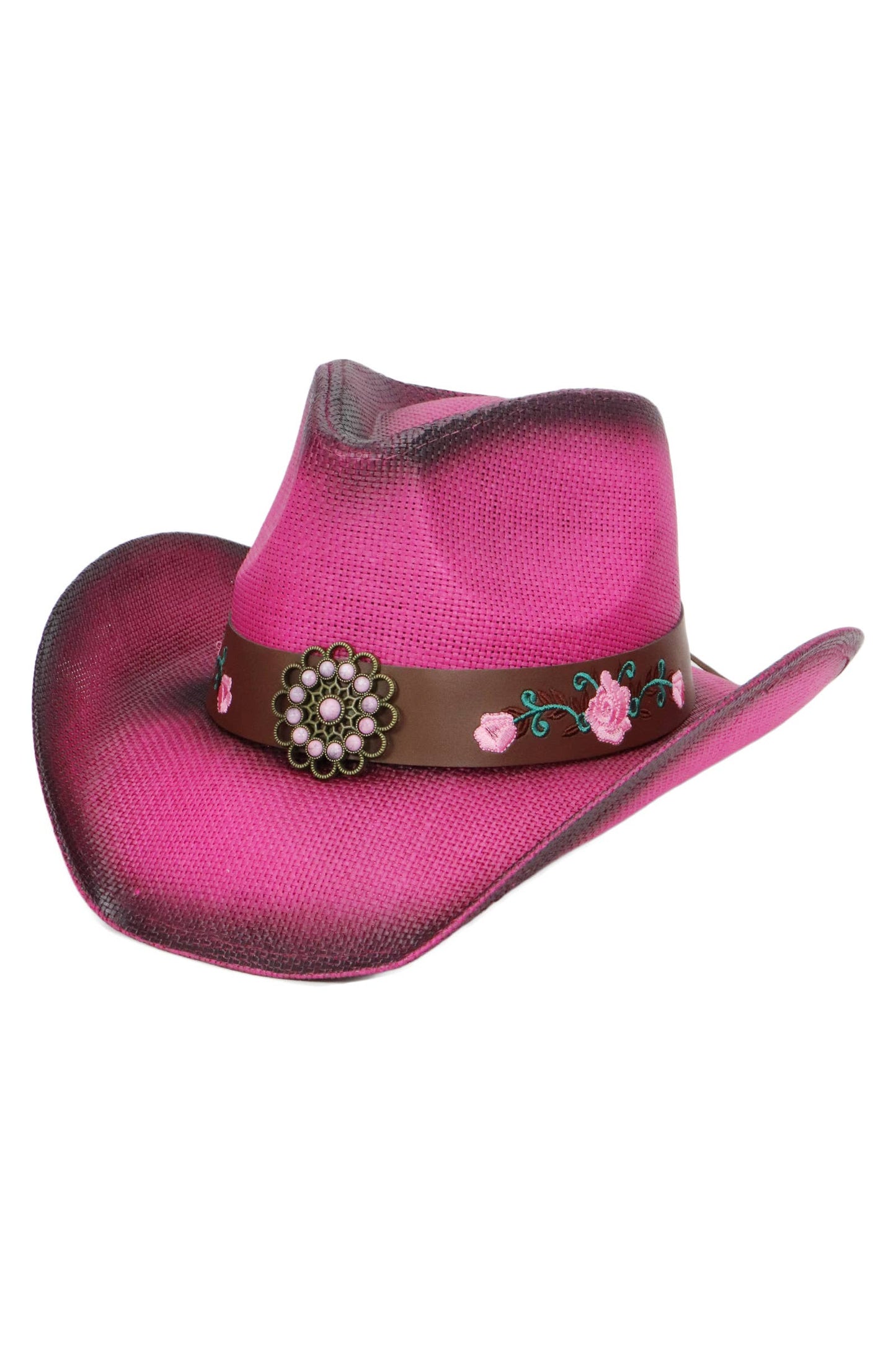 Pink Rose Concho Belt Ombre Straw Cowboy Hat
