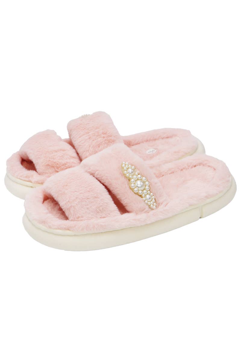 Faux Pearl Decor Double Strap Fluffy Fur Cloud Slides