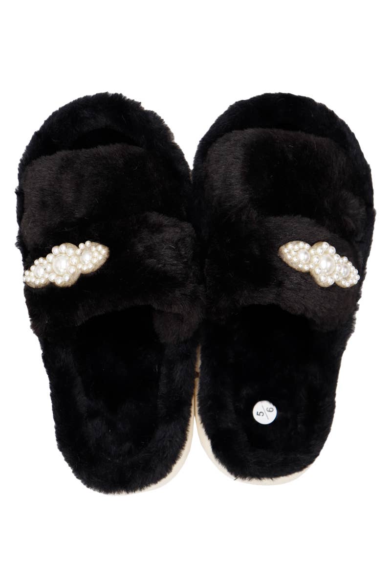 Faux Pearl Decor Double Strap Fluffy Fur Cloud Slides