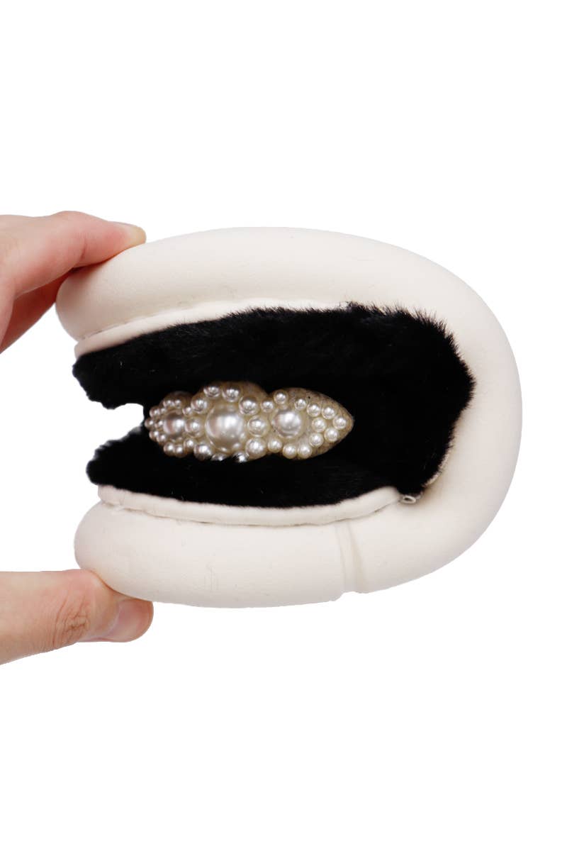 Faux Pearl Decor Double Strap Fluffy Fur Cloud Slides