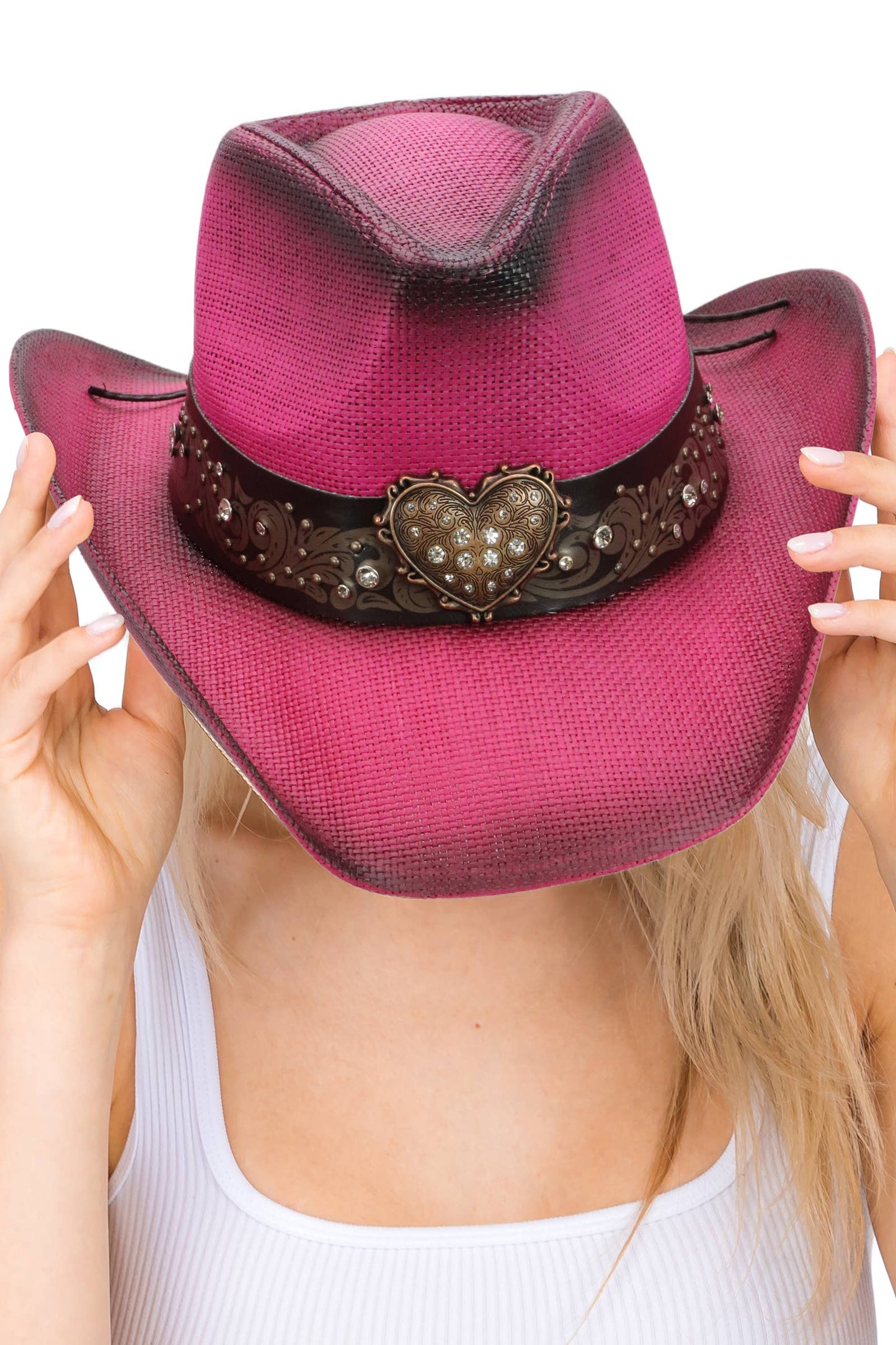 Heart Bling Rhinestone Belt Ombre Straw Cowboy Hat