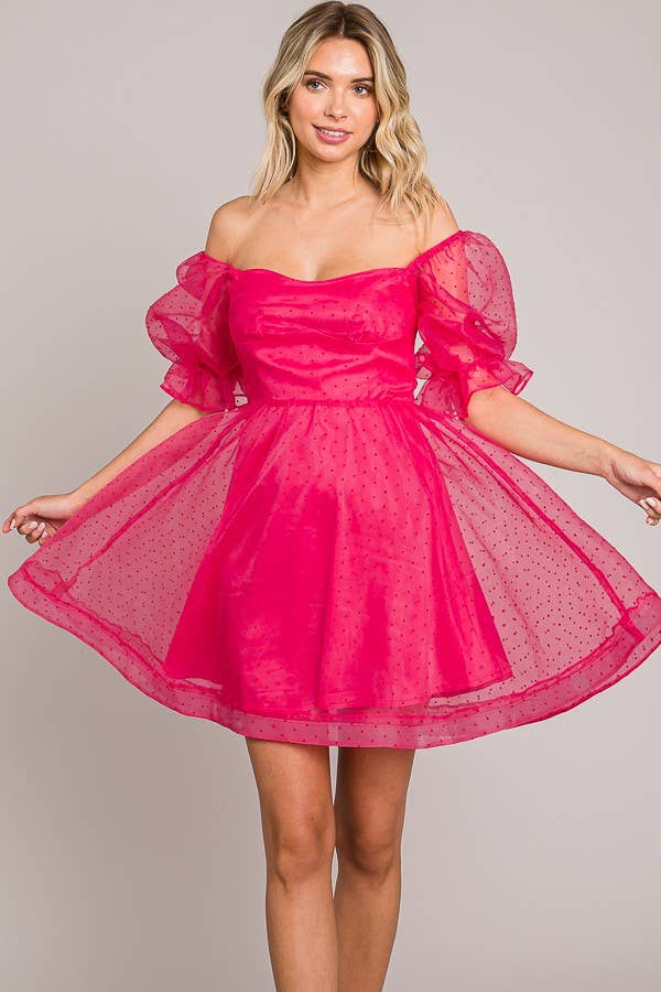 FSD801821-STK - On or Off Shoulder Sheer Sleeve Mini Dress