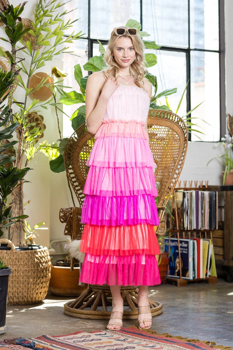 Pink Multi Tulle Midi Dress