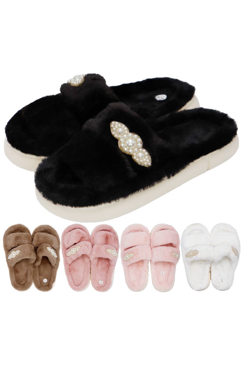 Faux Pearl Decor Double Strap Fluffy Fur Cloud Slides