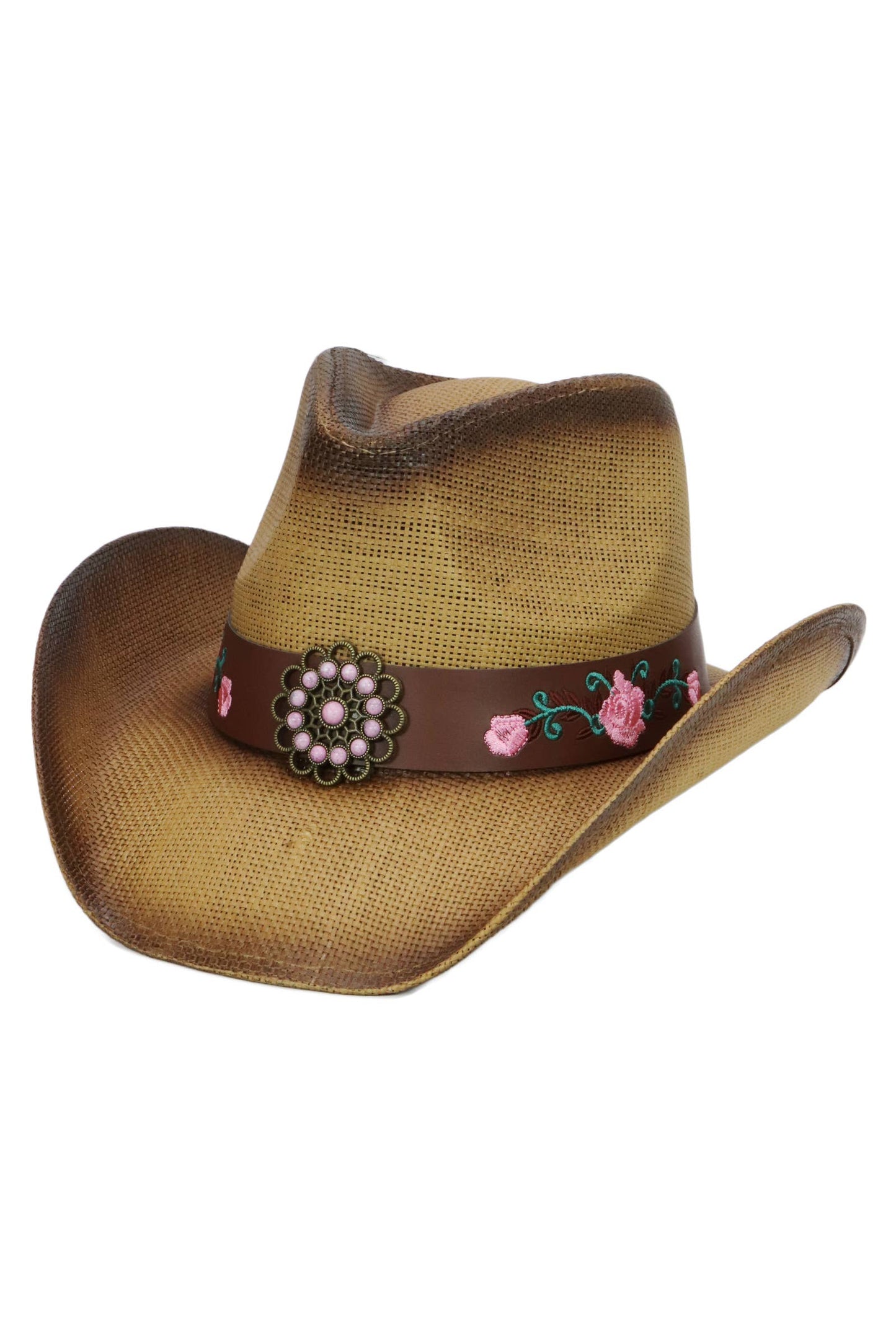 Pink Rose Concho Belt Ombre Straw Cowboy Hat