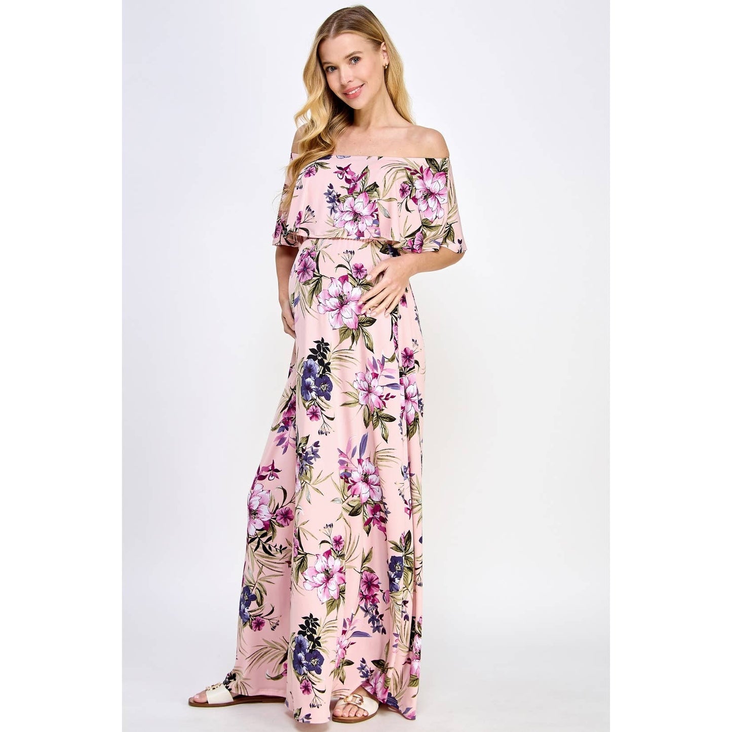 Ruffle Off Shoulder Maxi Maternity Dress