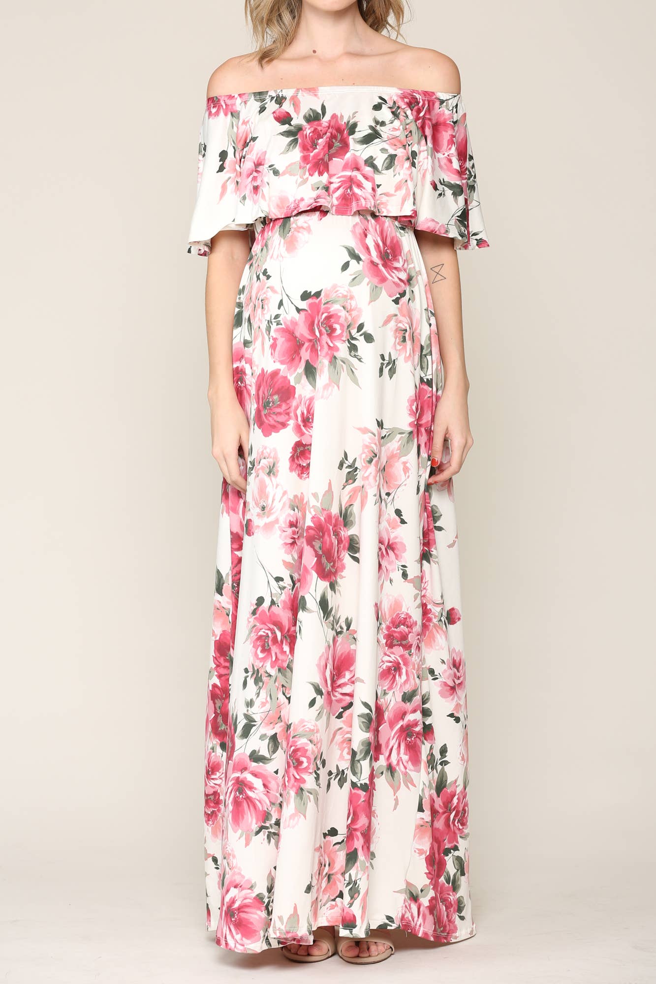 Pink Floral Off The Shoulder Maternity Maxi Dress